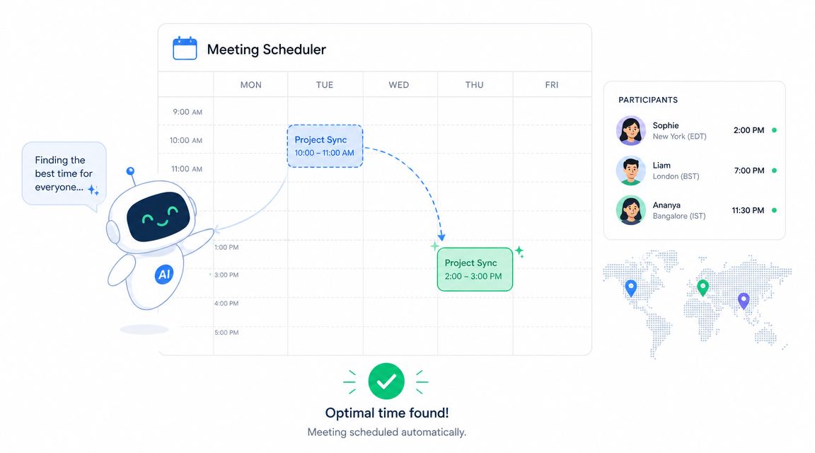 A friendly AI robot using a digital calendar to automatically schedule a meeting across different time zones.