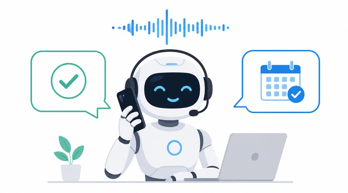 A friendly robot assistant wearing a headset uses a smartphone and laptop to manage schedules and tasks.