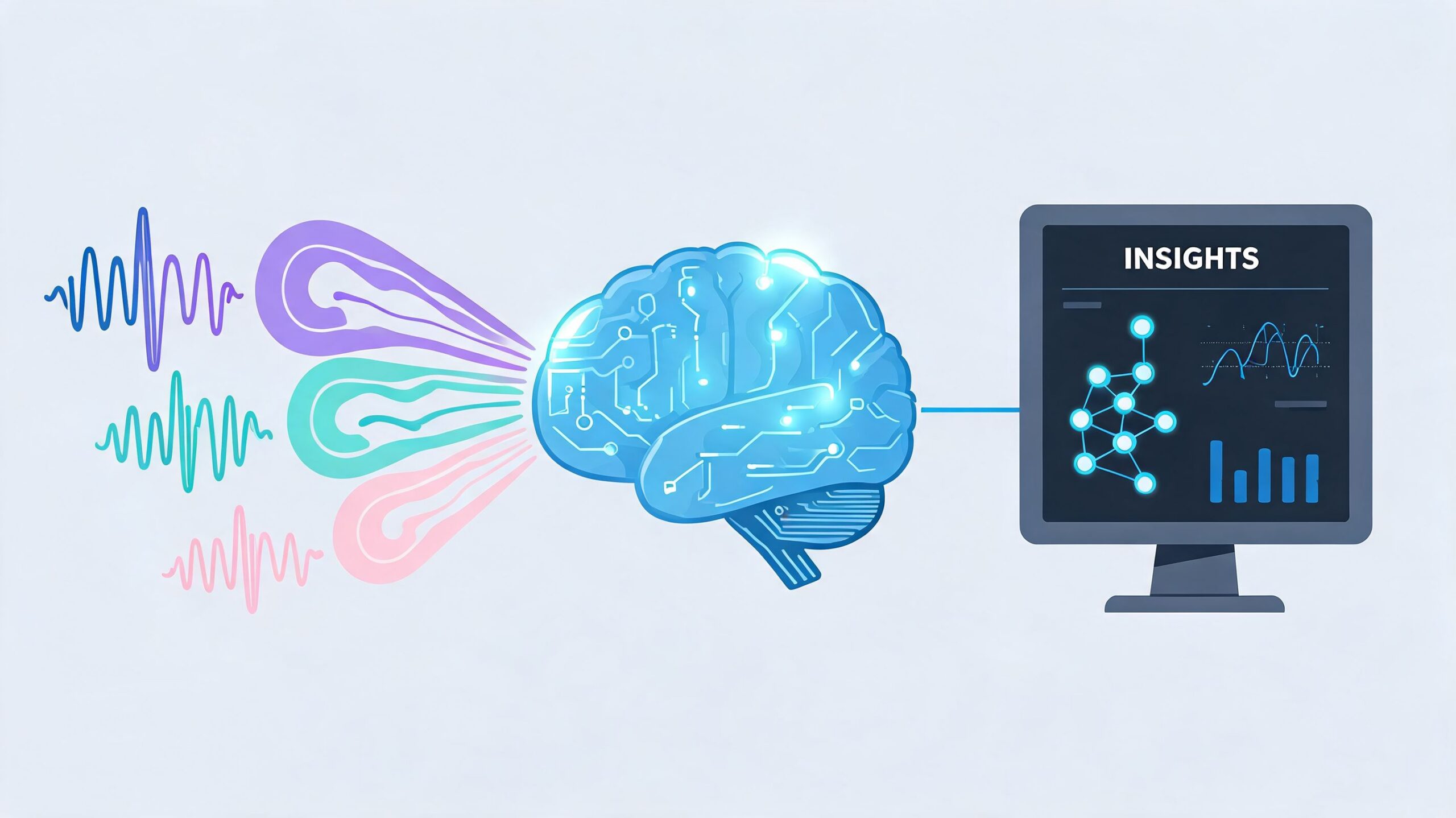 A digital illustration of a brain processing voice sound waves into data insights displayed on a computer screen.