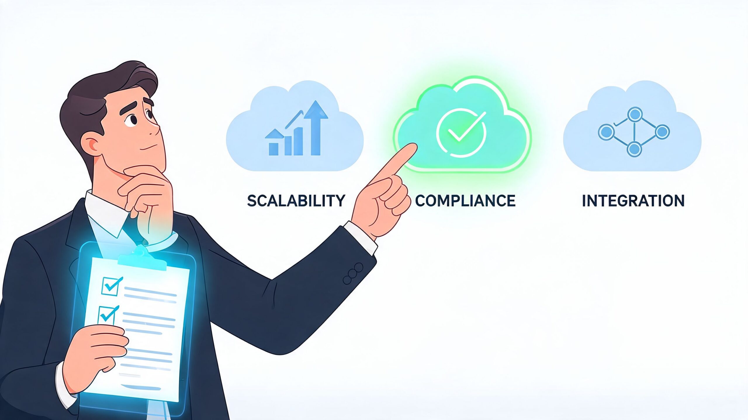 A professional man holding a glowing digital clipboard and pointing towards a compliance cloud icon illustration.