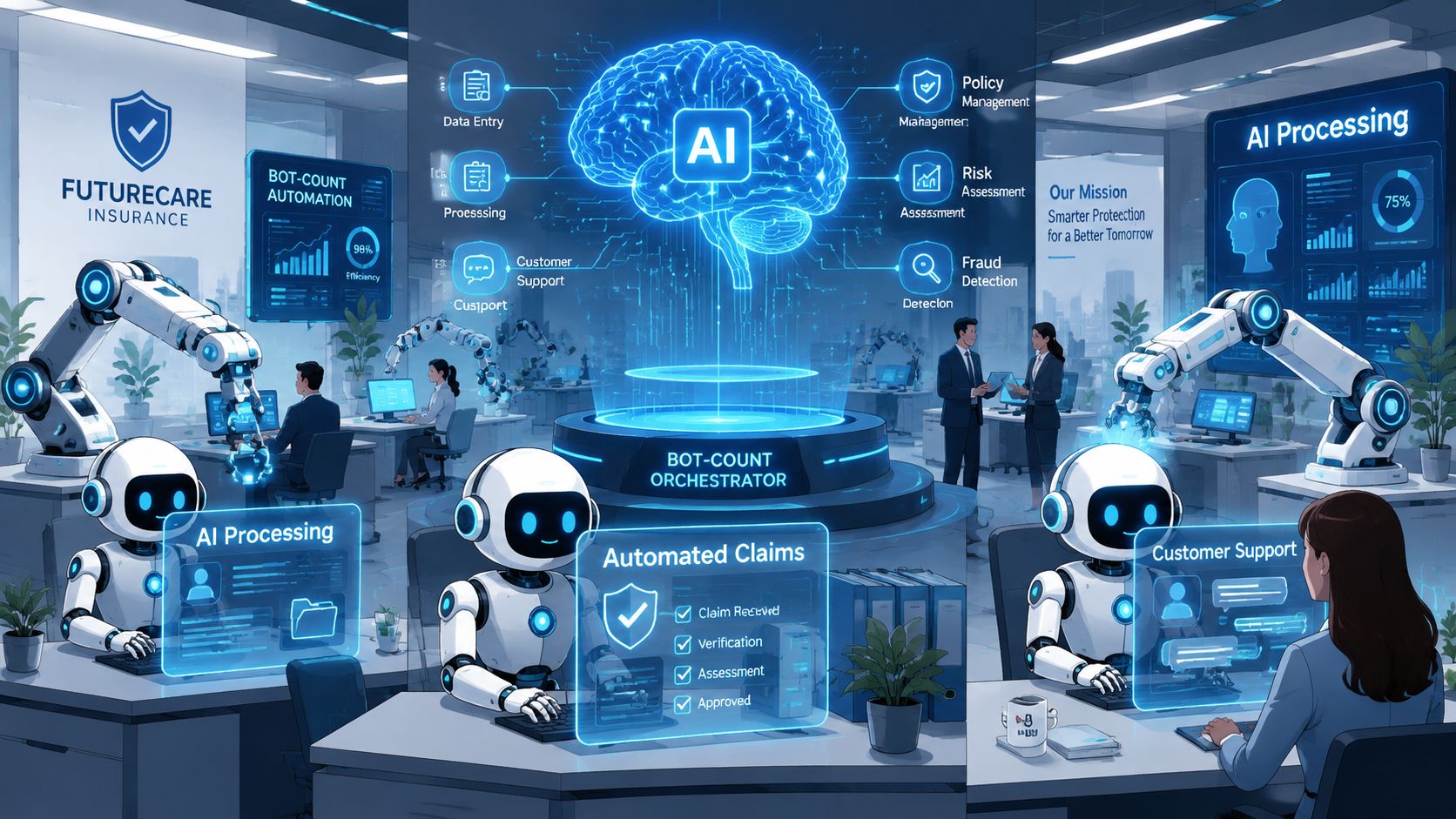 Futuristic insurance office featuring AI robots working alongside humans in a high-tech automated claims processing environment.