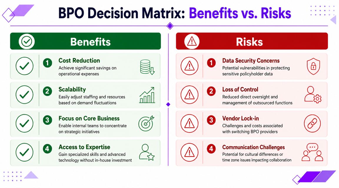 A BPO decision matrix highlighting the potential benefits and associated risks of outsourcing business processes.