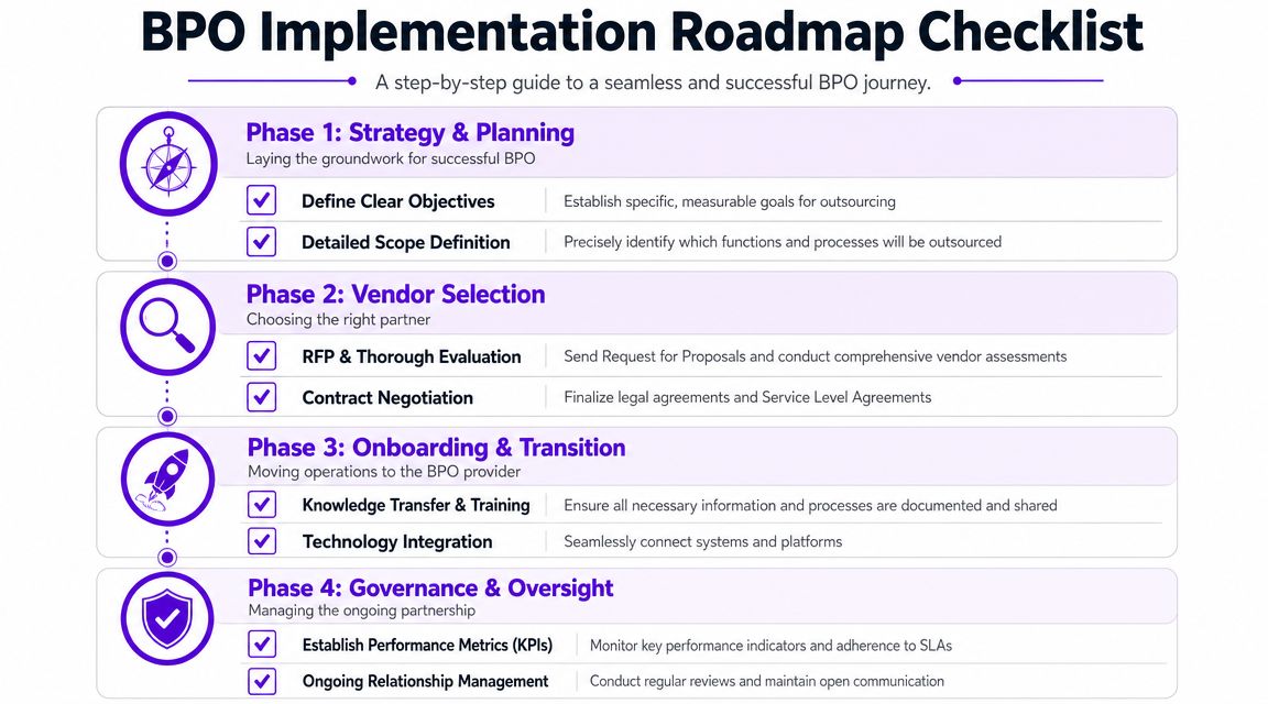 A four-phase BPO implementation roadmap checklist illustrating strategic planning, vendor selection, transition, and ongoing governance processes.