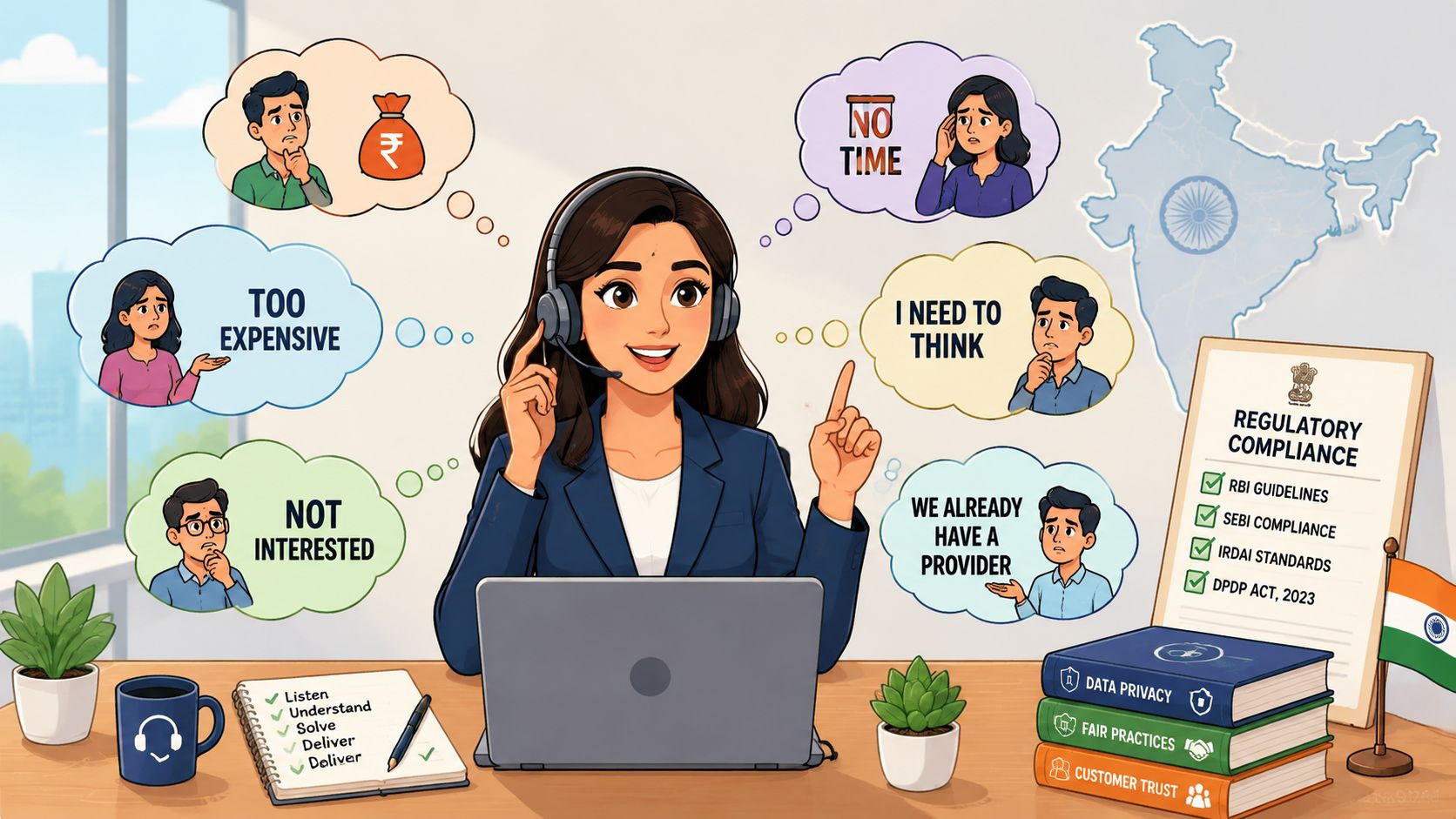 A professional customer service representative wearing a headset surrounded by common client sales objections and regulatory compliance icons.