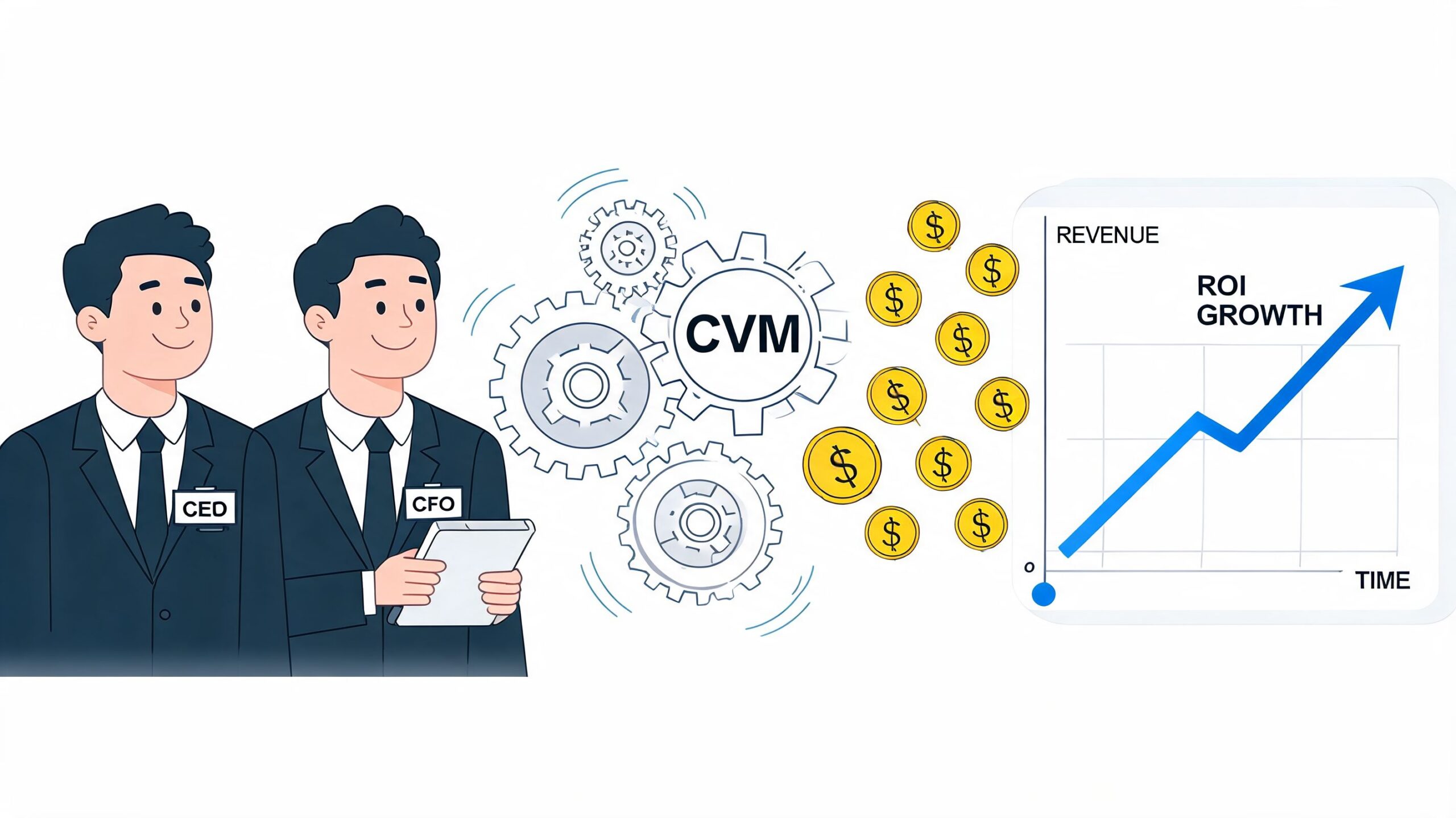 A CEO and CFO analyzing business growth and financial performance represented by a CVM gears chart.