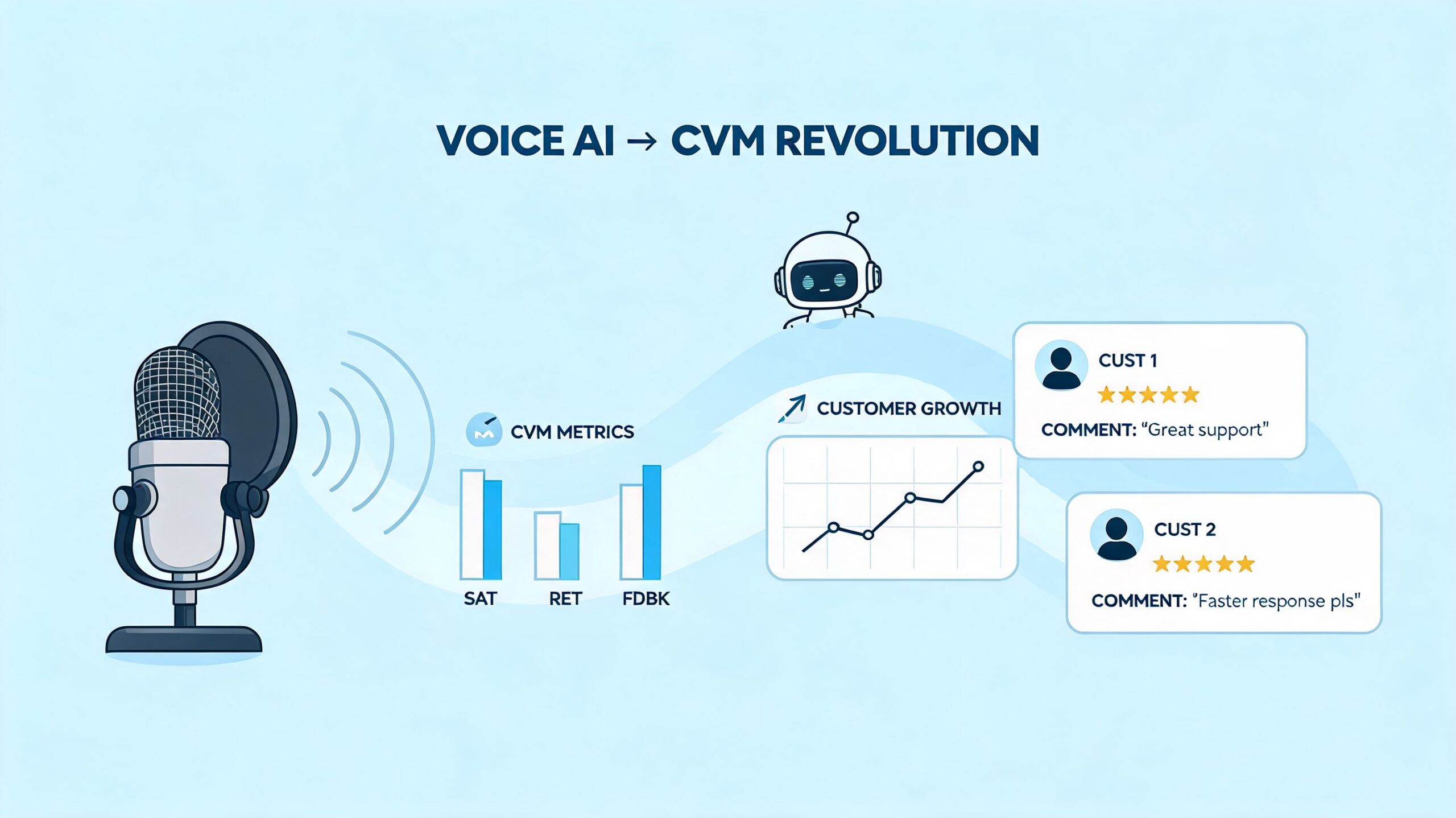 A conceptual illustration showing how voice AI impacts client value management through metrics, growth, and customer feedback.