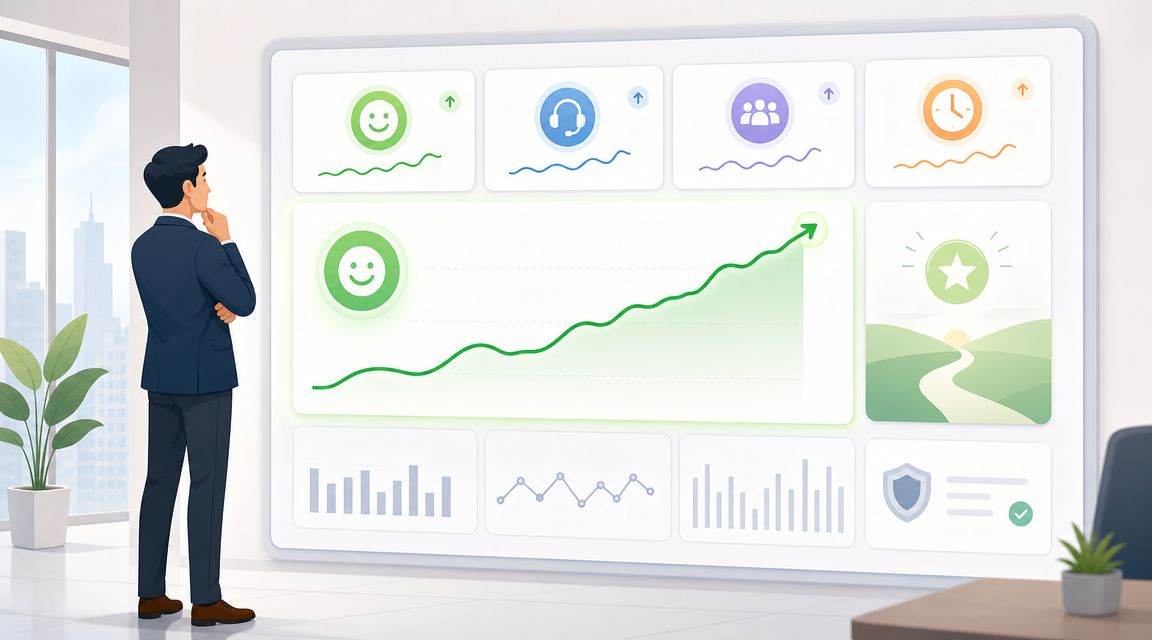 A professional man in a suit looks at a digital dashboard displaying various business performance charts.