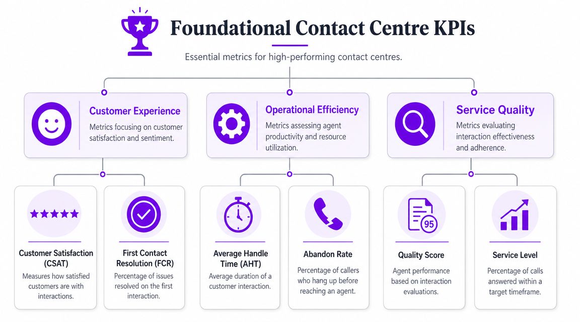 A diagram illustrating essential contact centre KPIs categorized by customer experience, operational efficiency, and service quality.