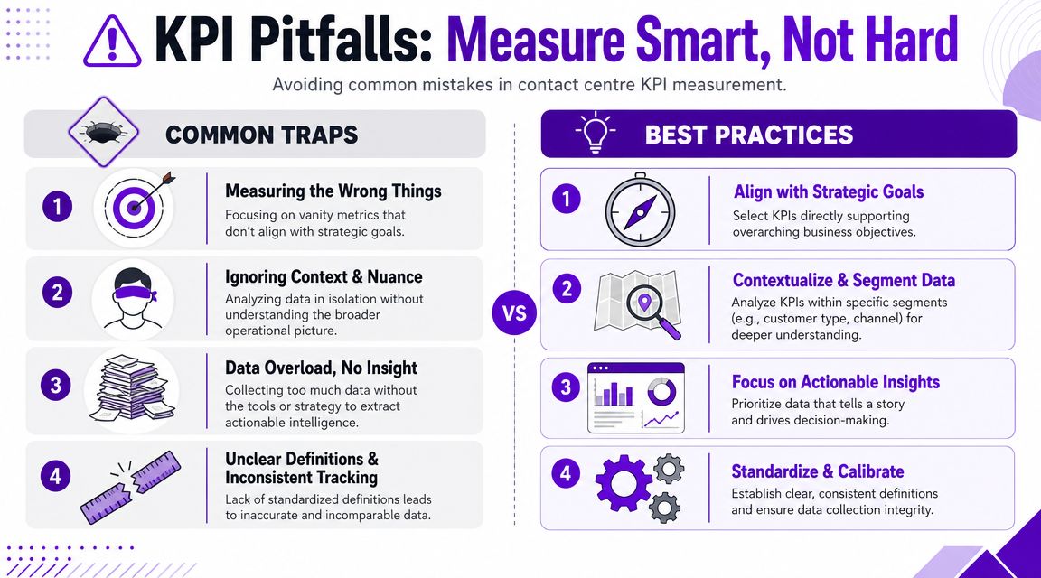 An infographic comparing common contact centre KPI pitfalls against industry best practices for better measurement.