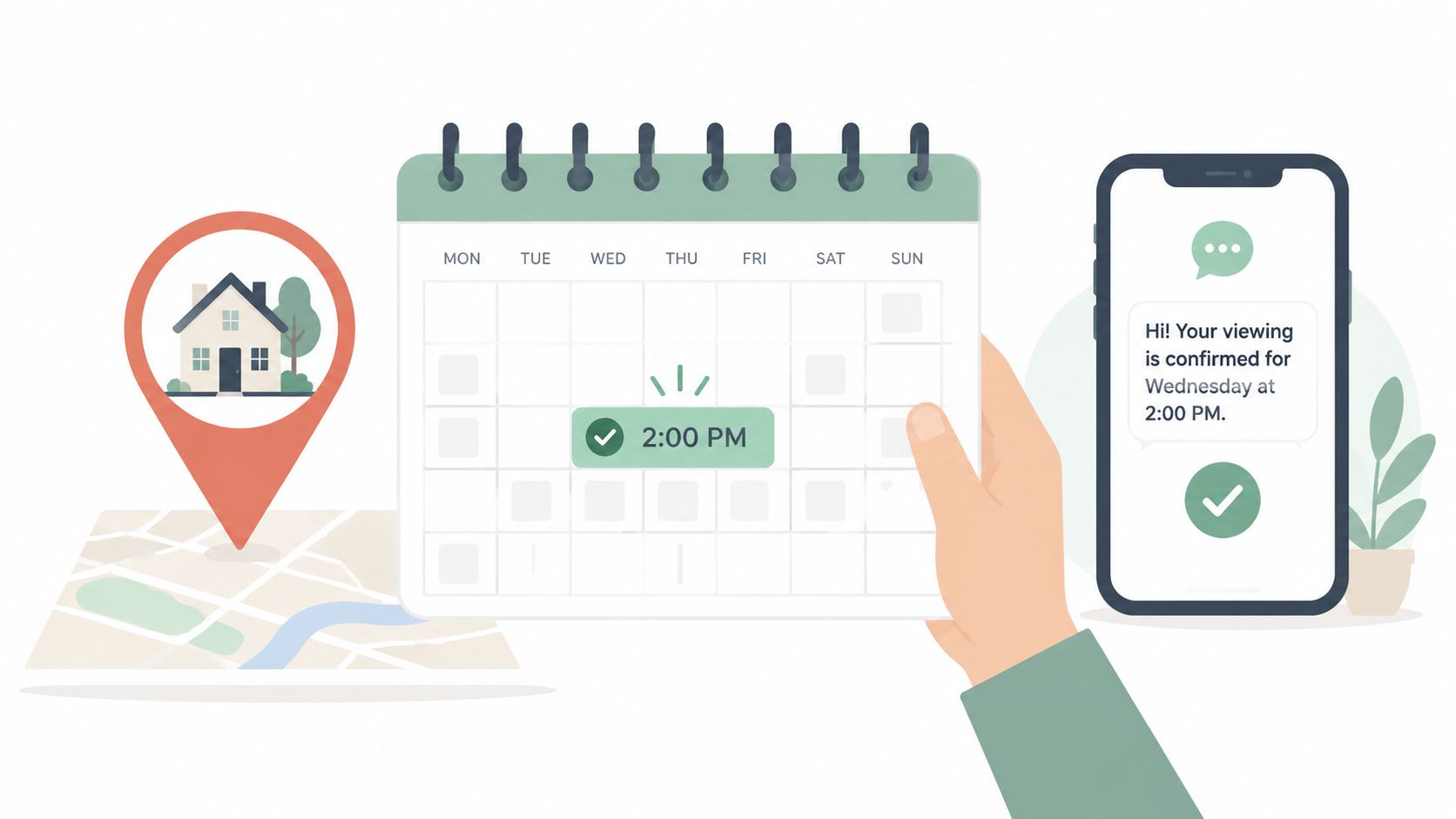 A graphic showing a calendar, a house location pin, and a smartphone confirmation message for an appointment.