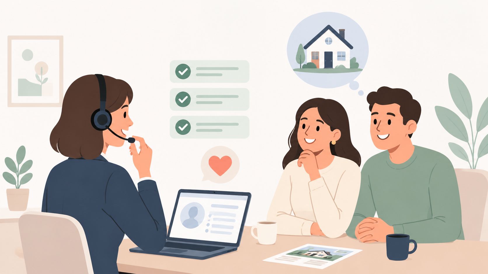 A real estate agent consults with a young couple about buying their dream home in an office setting.