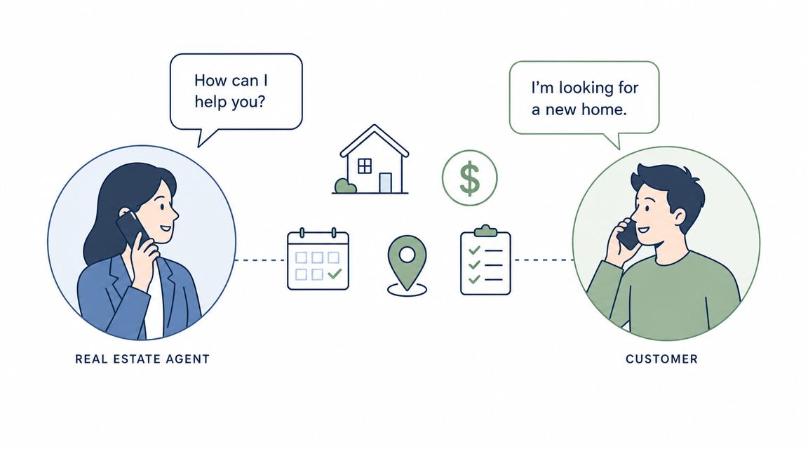 A real estate agent and a customer having a phone conversation about finding a new house.