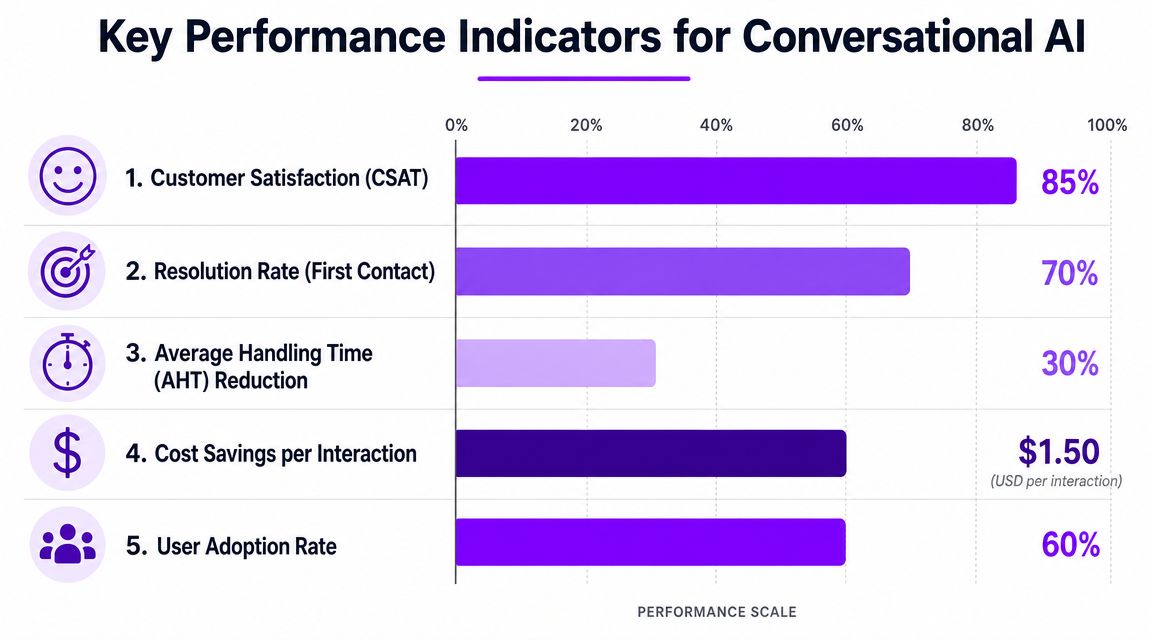 A horizontal bar chart showing five key performance indicators for a conversational AI chatbot platform.