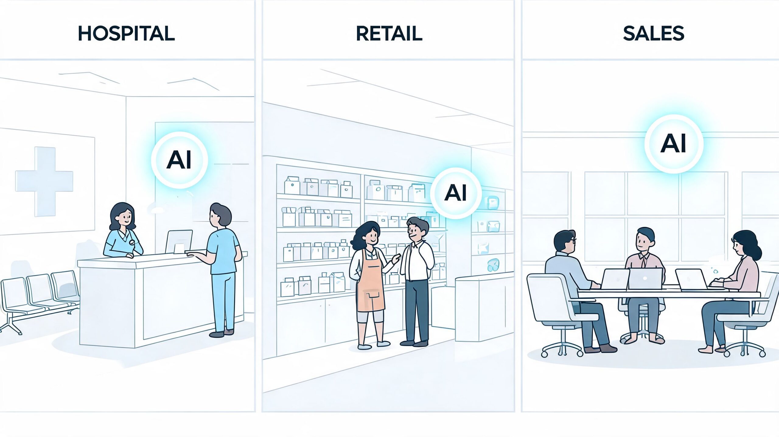 An illustration showing AI integration in hospital, retail, and sales business environments with people working together.