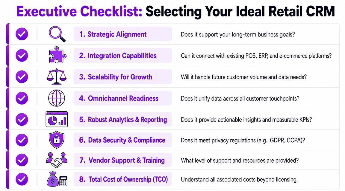 An executive checklist for selecting the ideal retail CRM featuring eight key criteria and relevant icons.