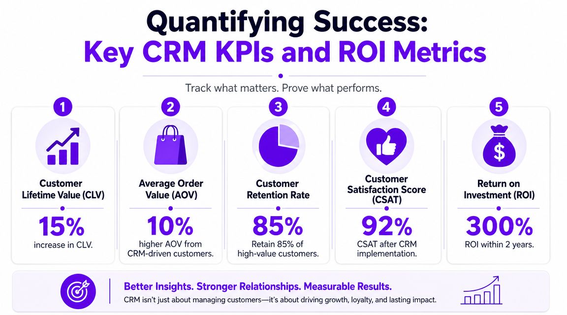An infographic showing five key CRM KPIs including customer lifetime value, order value, retention, satisfaction, and ROI.