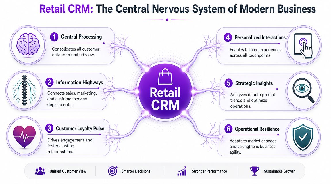 An infographic showing six benefits of using a retail CRM system for modern business operations and growth.