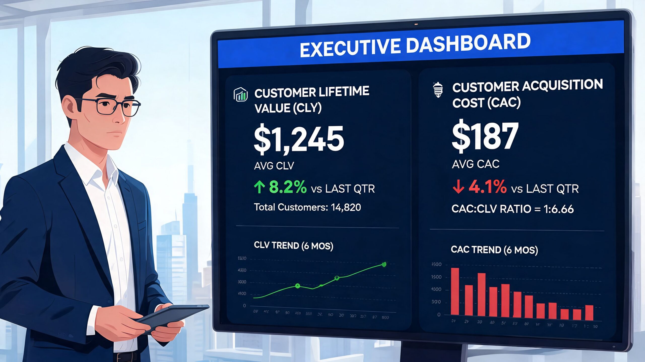 A professional man reviewing business growth metrics on a digital executive dashboard displaying CLV and CAC trends.