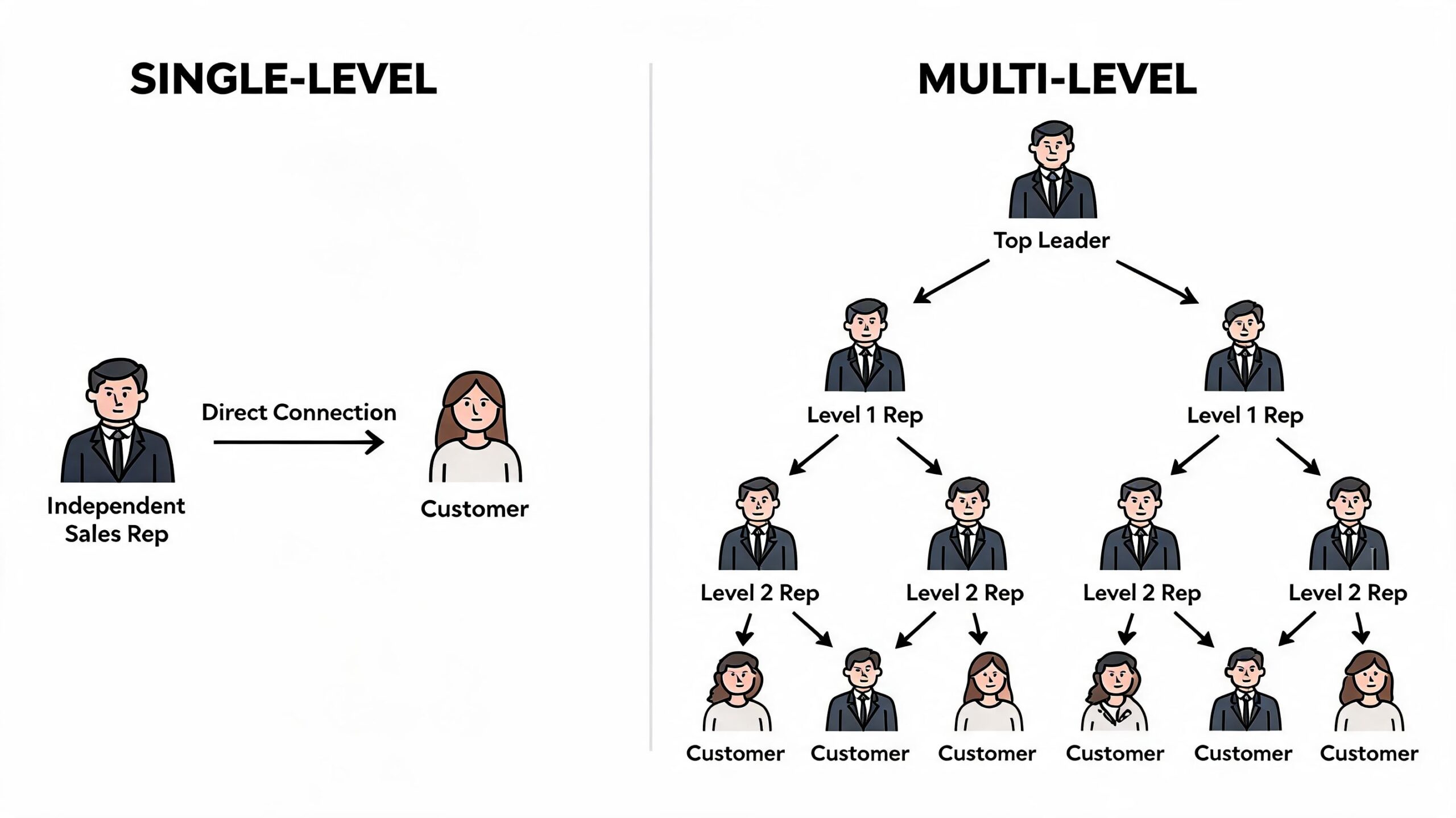 A diagram comparing single-level direct sales versus a multi-level marketing pyramid business structure.