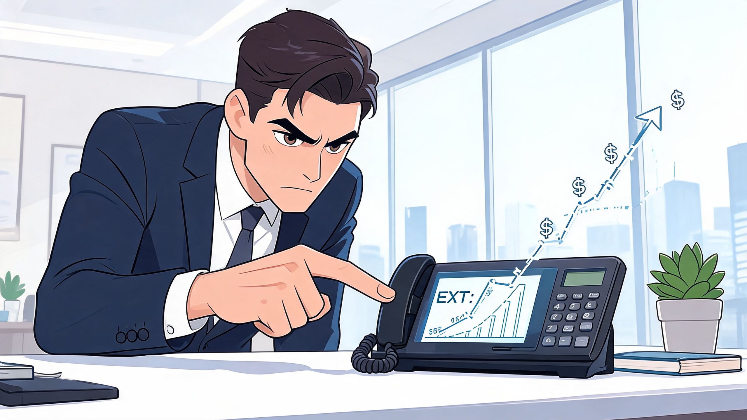 A focused businessman pointing at a desk phone displaying an upward-trending profit growth chart in an office.
