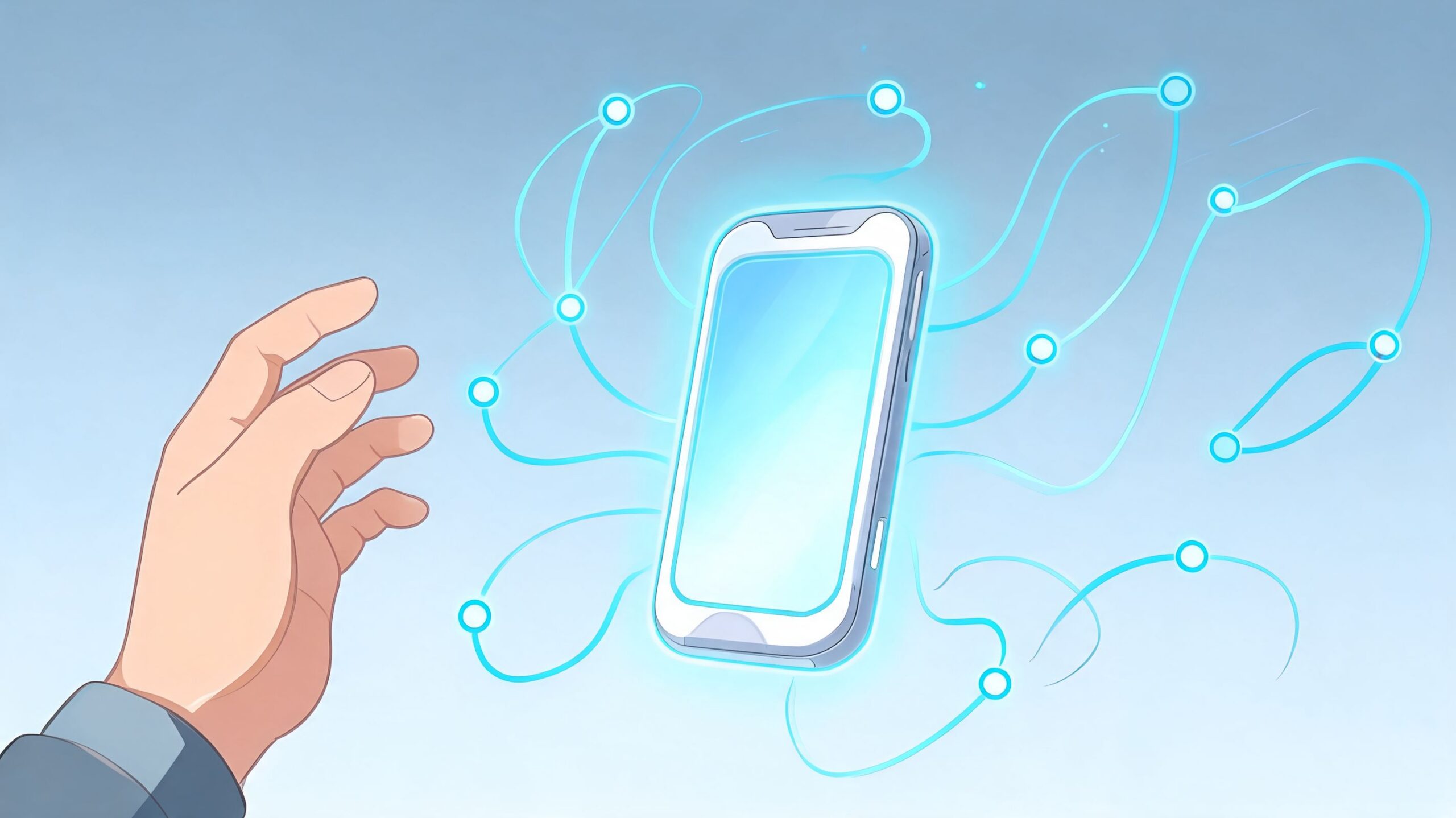 A hand reaching towards a glowing smartphone connected to digital lines representing network and communication technology.