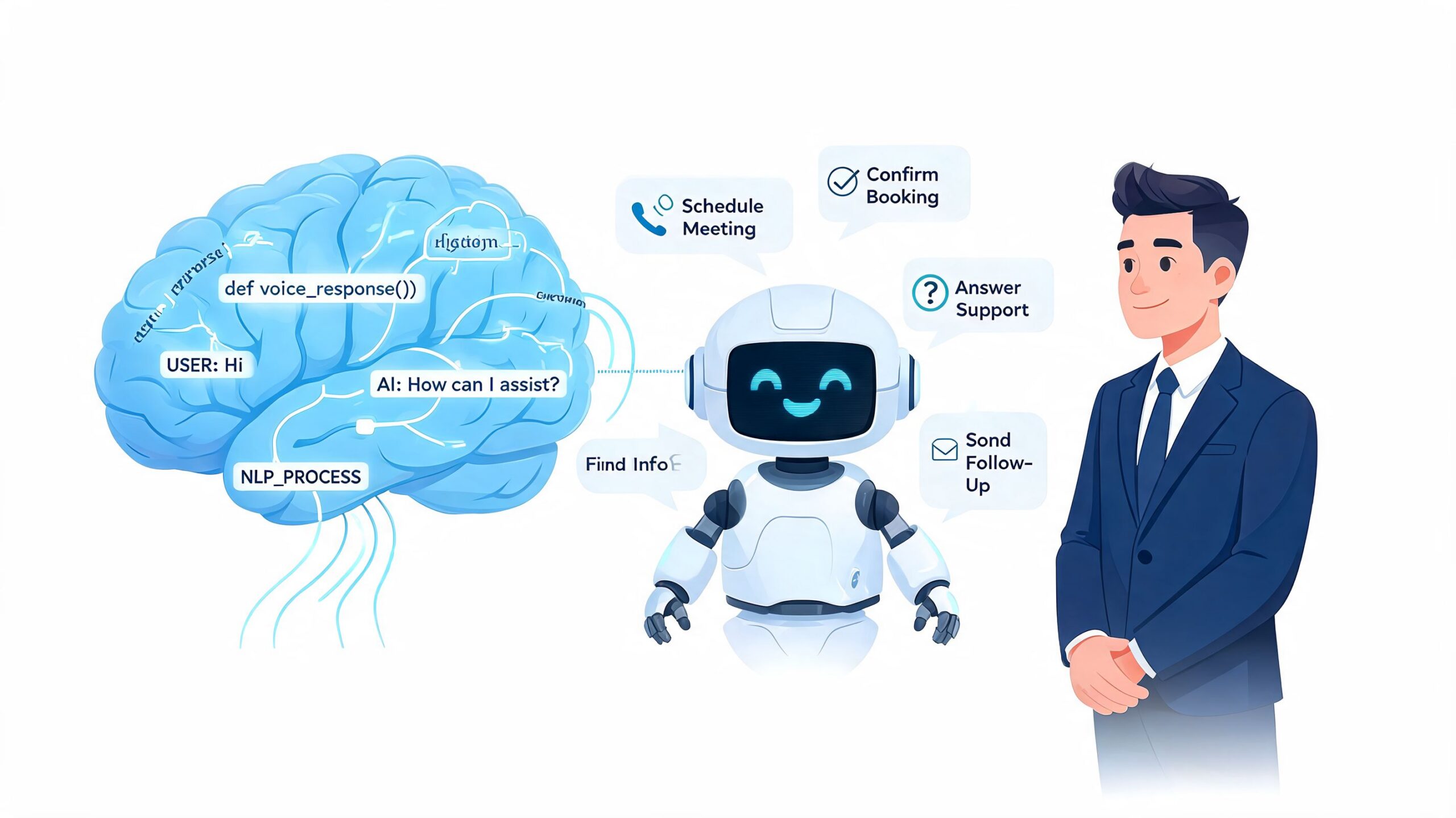A digital illustration featuring a human brain connected to a friendly robot and a business professional.