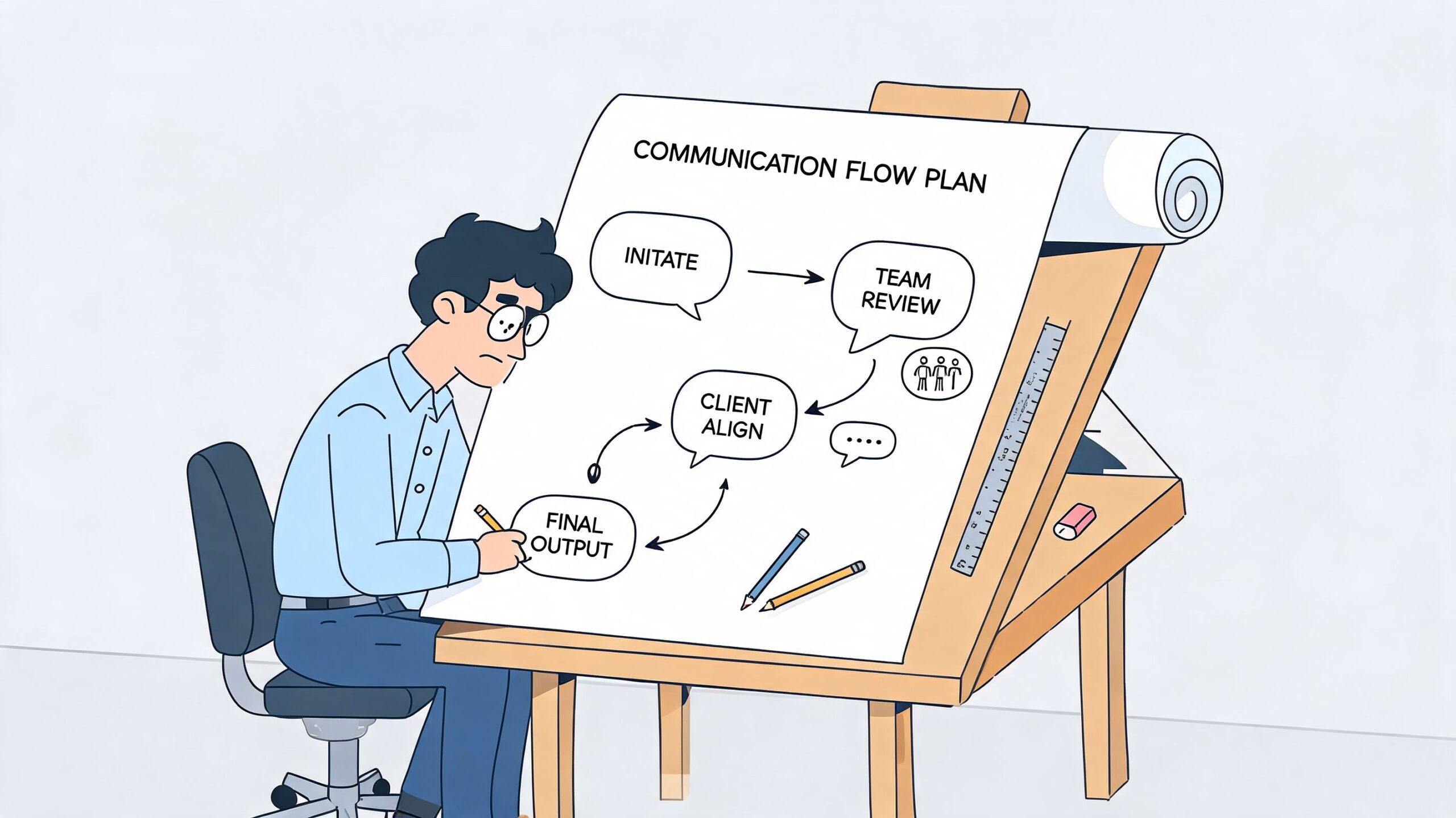 A professional man drawing a communication flow plan diagram on a large easel for business strategy.