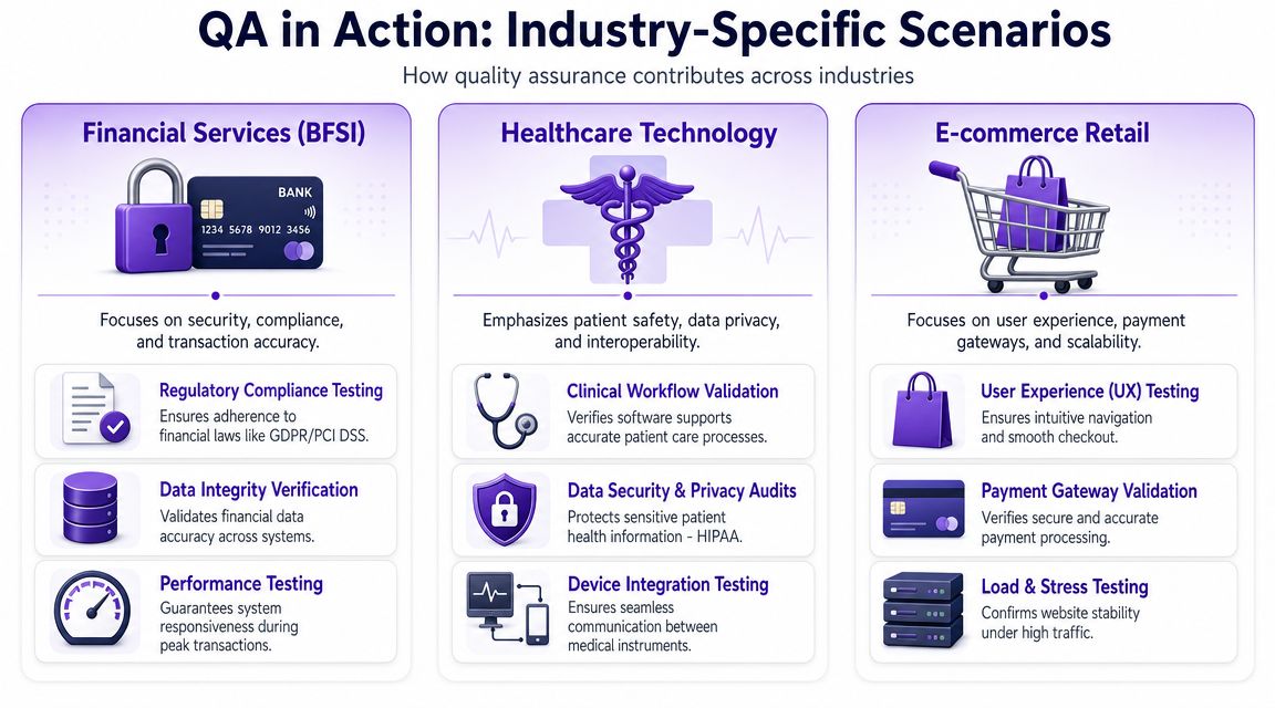 An infographic illustrating quality assurance practices across financial services, healthcare technology, and e-commerce retail industries.