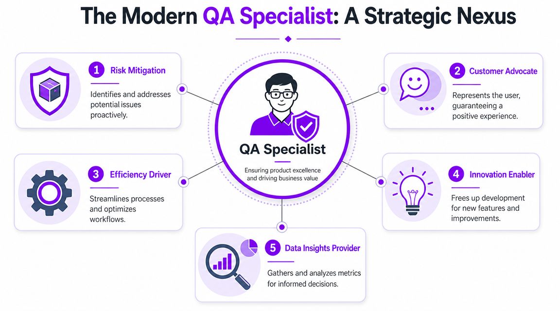 An infographic titled The Modern QA Specialist showing five key roles including risk mitigation and innovation.