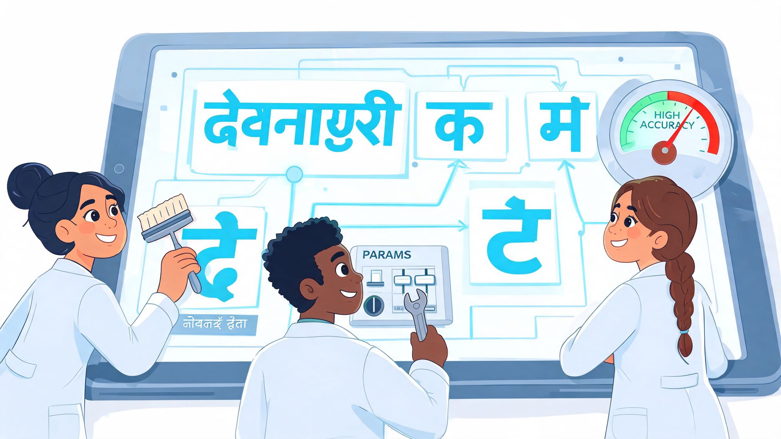 Three scientists working on a digital tablet to improve Hindi speech to text accuracy and parameter tuning.
