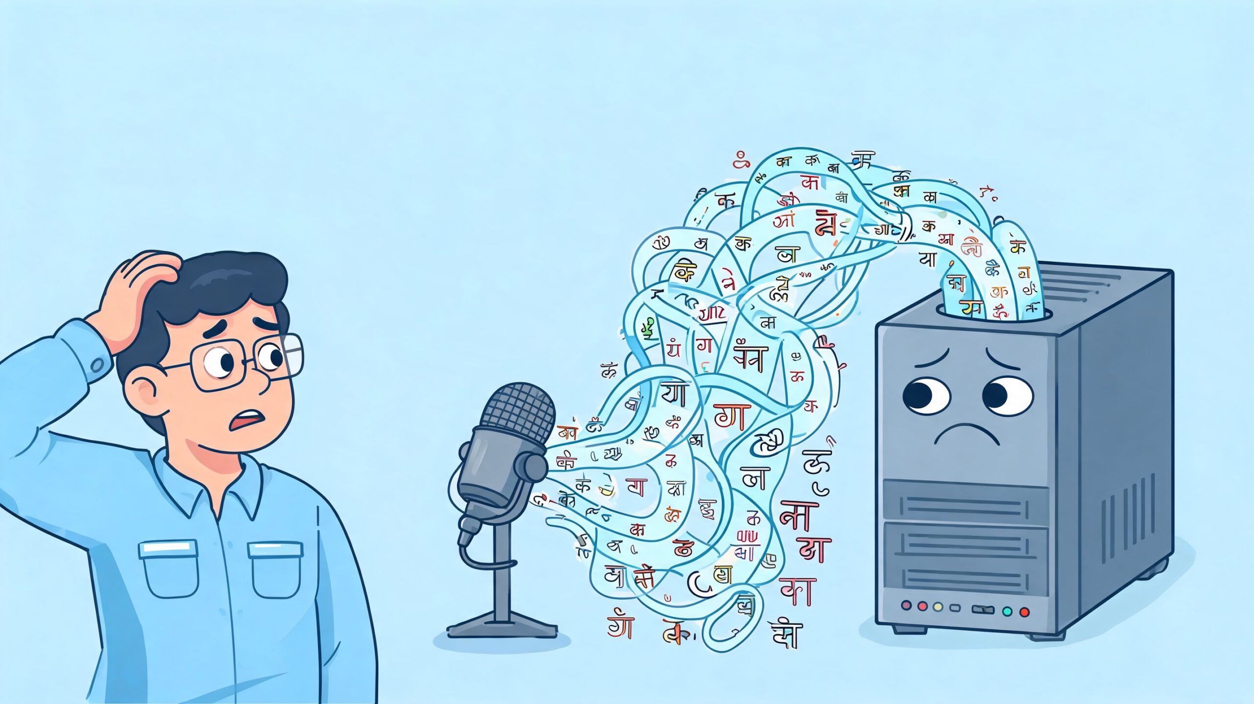 A confused man looking at a microphone and a sad computer struggling with Hindi speech-to-text processing.