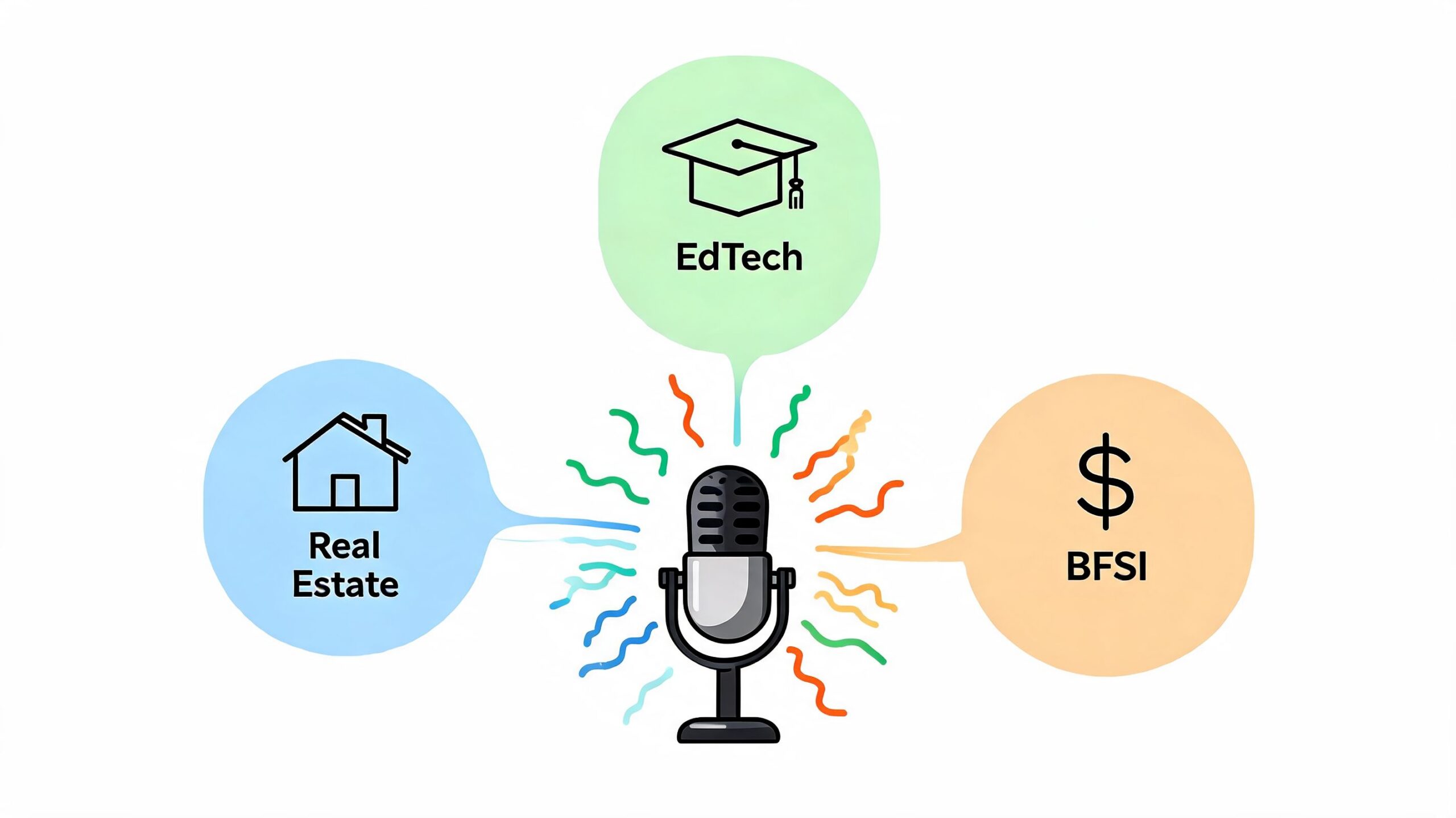 A microphone icon surrounded by three speech bubbles featuring icons for real estate, education, and finance sectors.