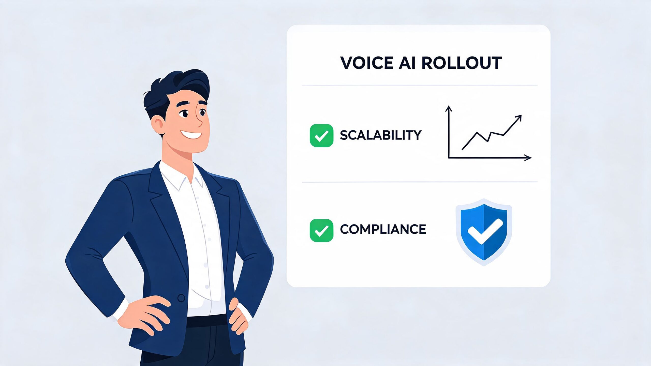 A professional man standing next to a dashboard highlighting voice AI rollout with scalability and compliance icons.