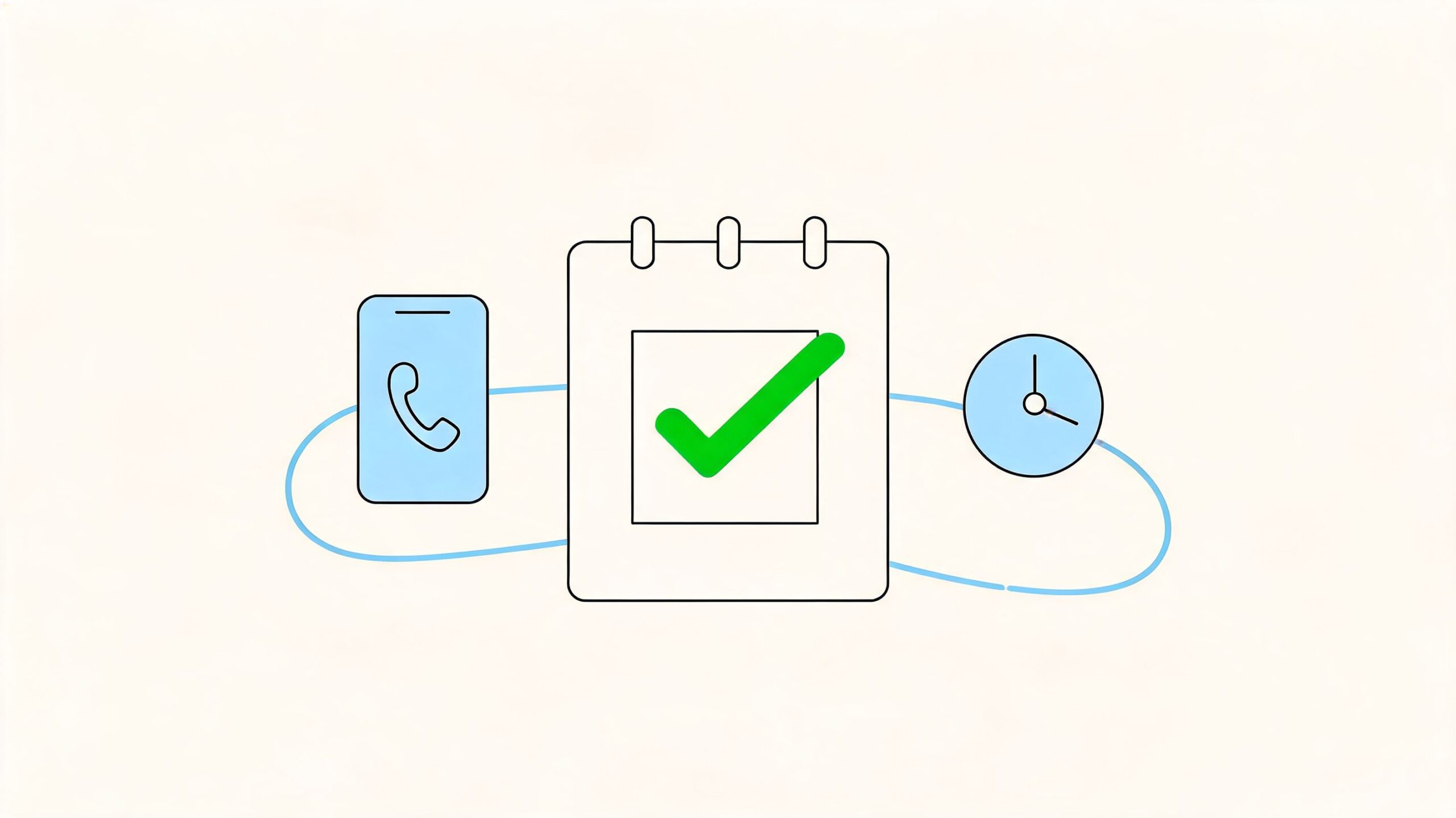 A minimalist flat illustration featuring a mobile phone, a calendar with a green checkmark, and a clock.