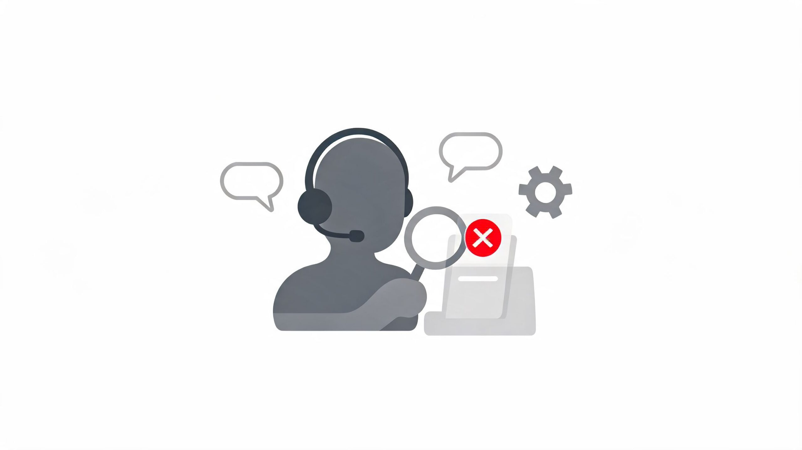 A gray icon showing a customer service agent using a magnifying glass to investigate an error report.