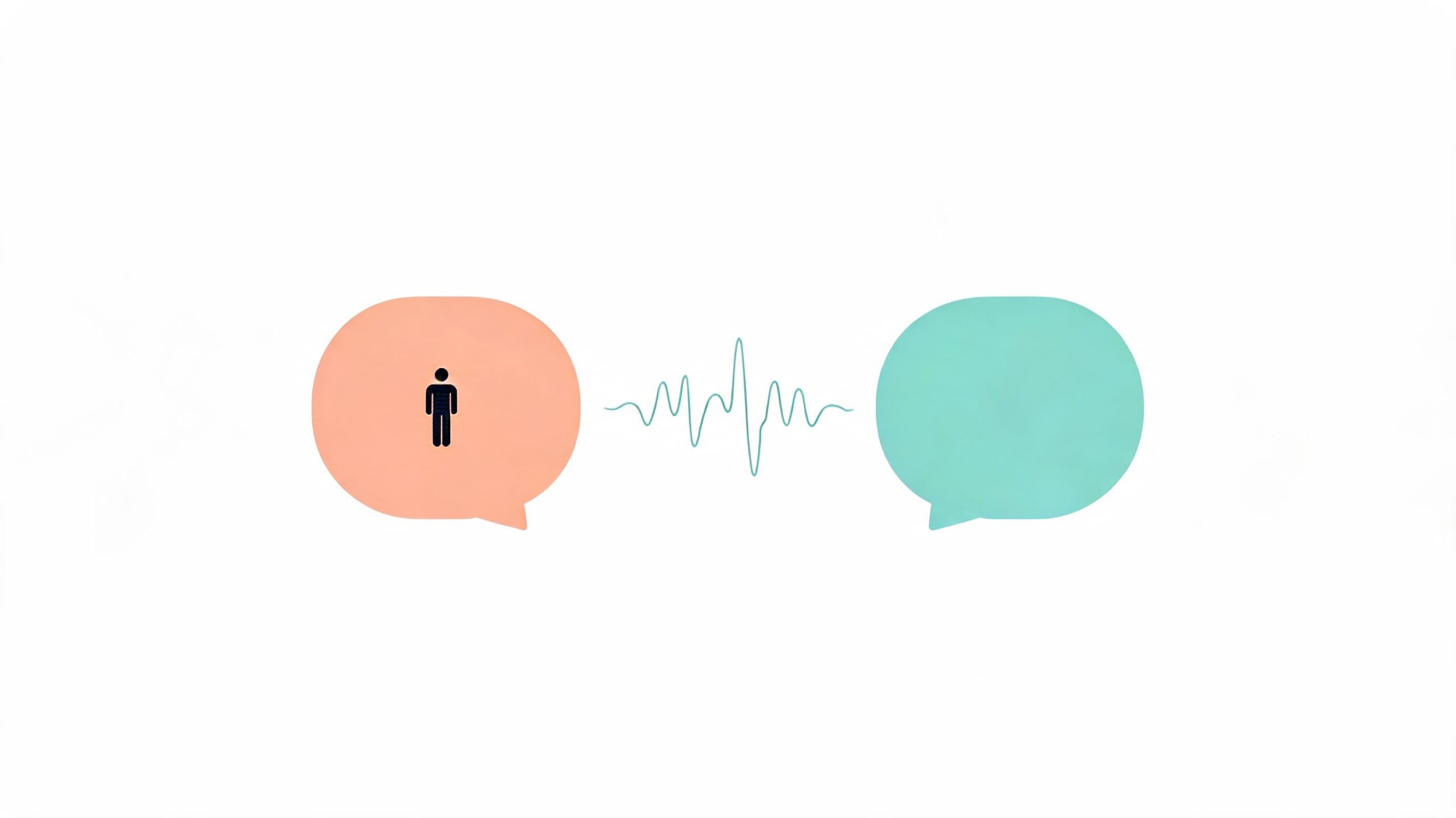 A minimalist graphic showing a person inside a speech bubble communicating via sound waves to another bubble.