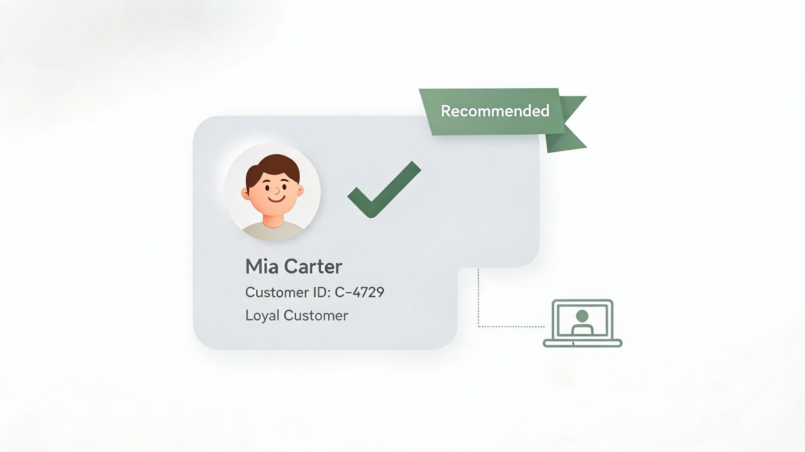 A digital graphic featuring a customer profile for Mia Carter with a recommended status and survey icon.