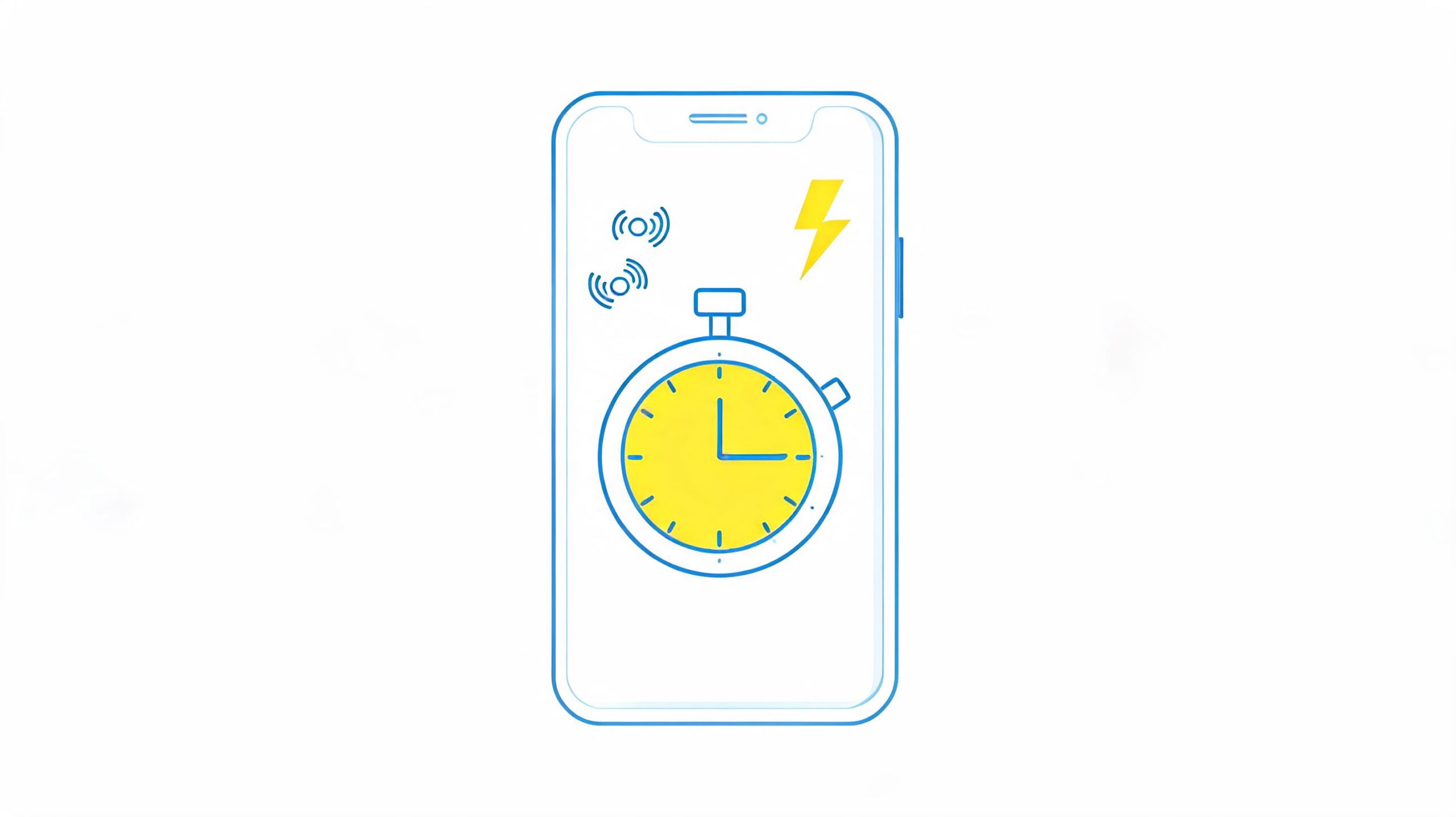 A digital illustration of a smartphone screen displaying a stopwatch timer icon and a lightning bolt symbol.