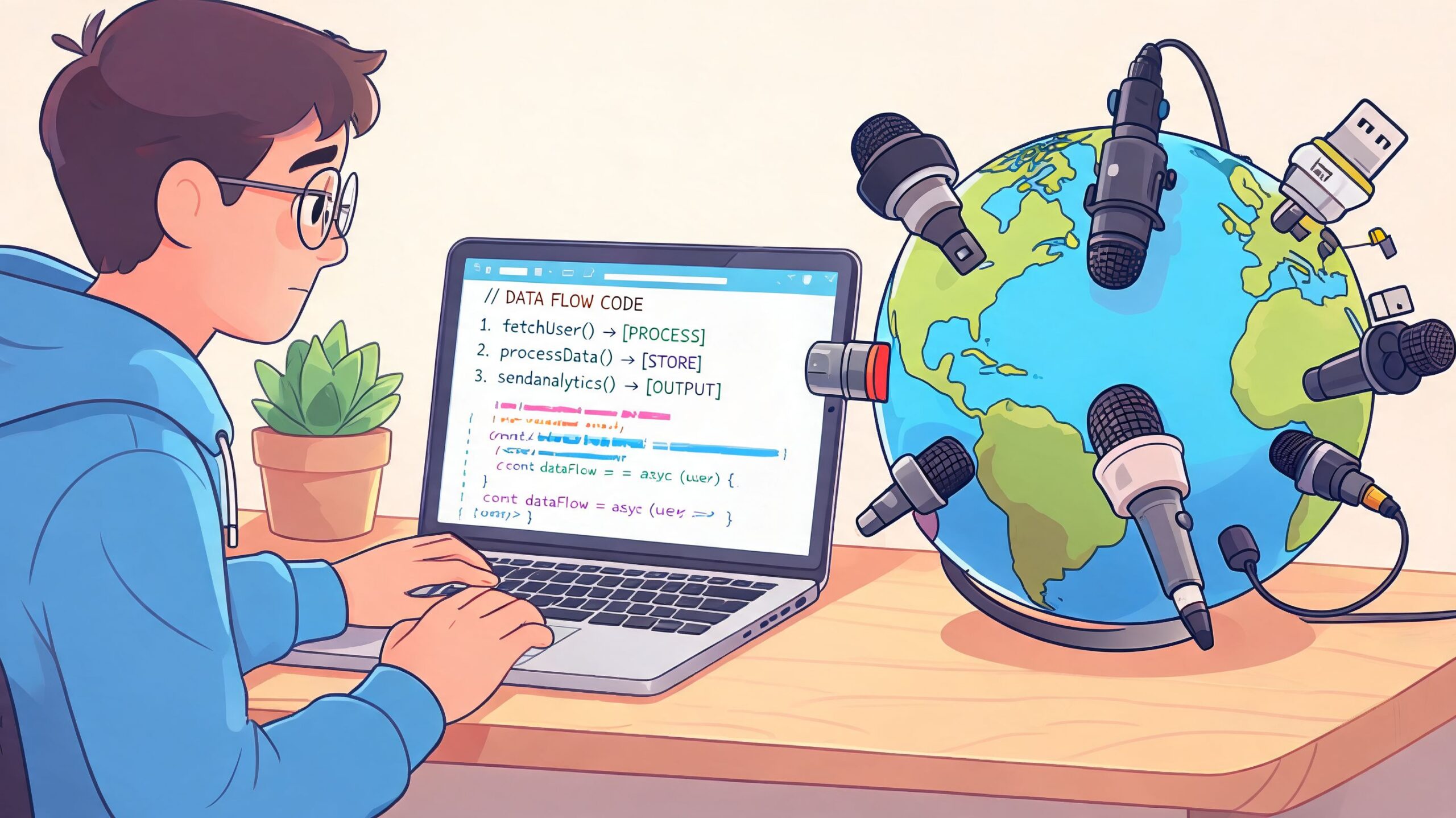 A developer working on voice AI code while a globe surrounded by microphones sits on the desk.