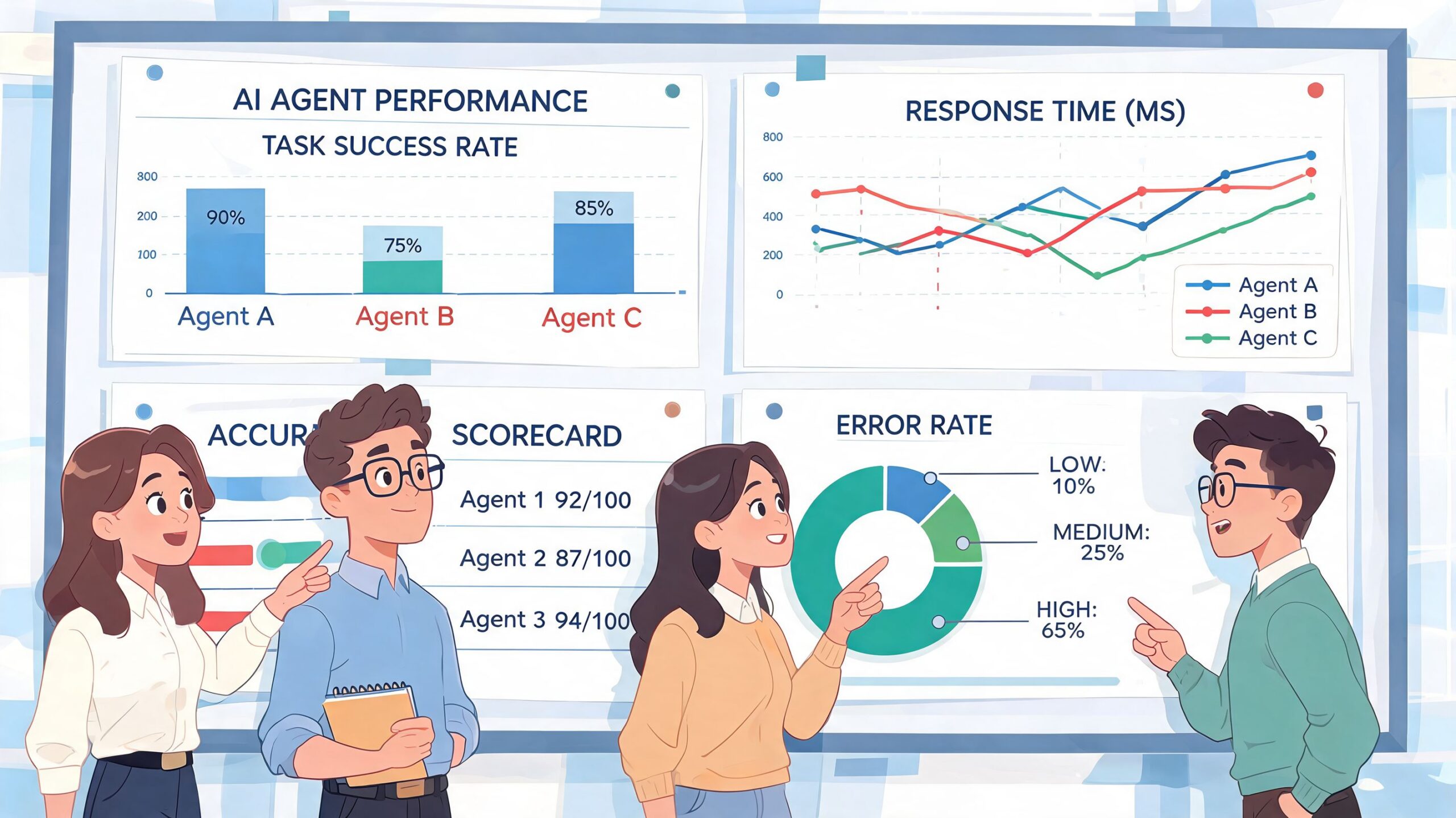 A team of professionals collaborating and analyzing data displayed on AI agent performance dashboards and charts.