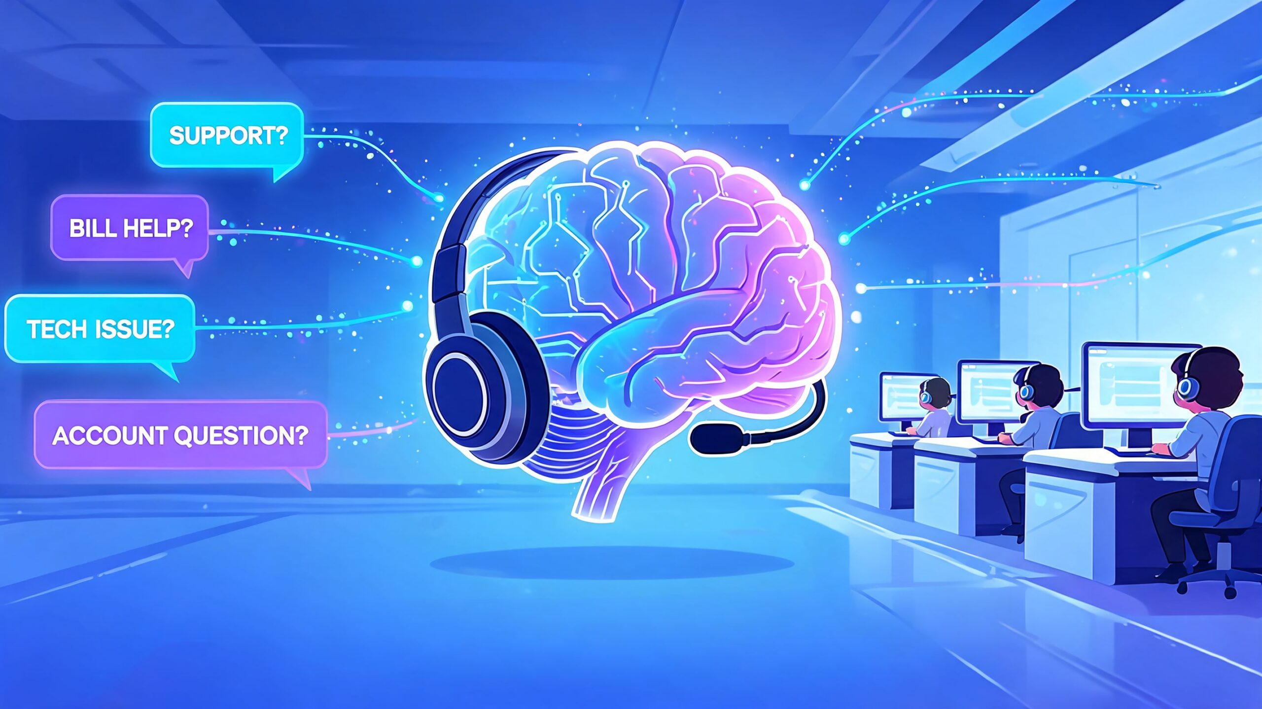 A digital illustration of a glowing human brain wearing a headset, symbolizing AI-powered customer support call routing.
