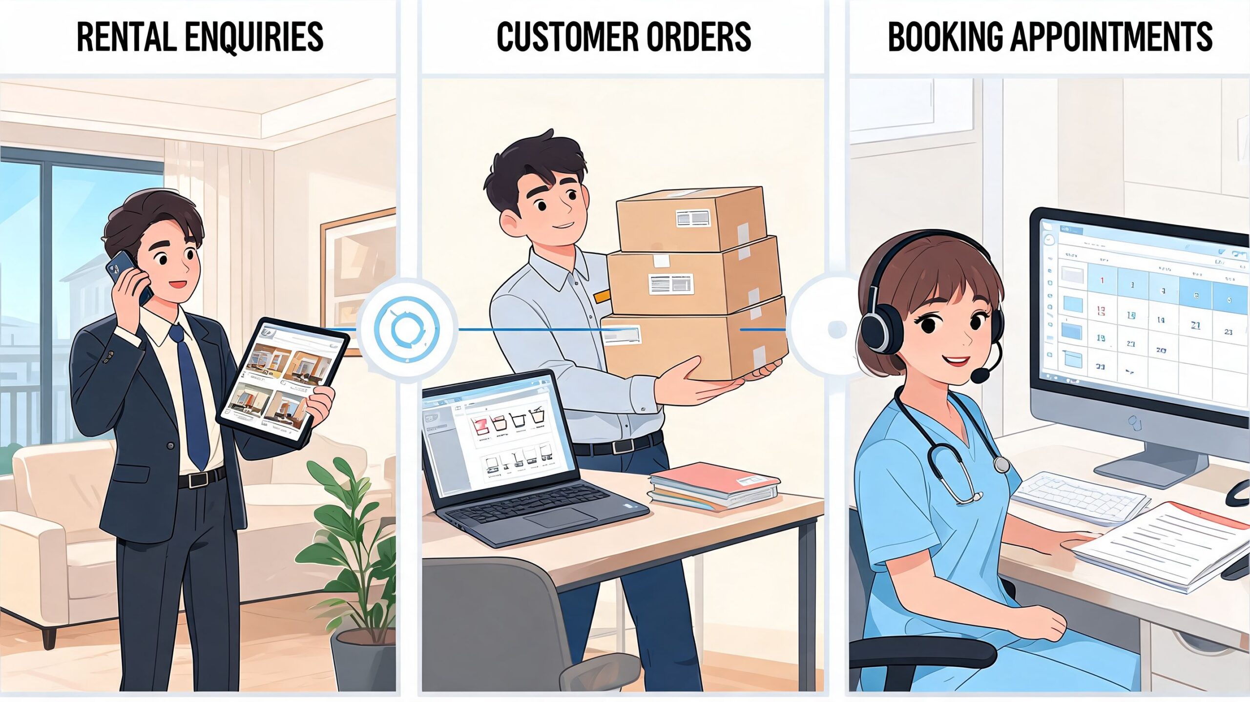 A three-part illustration showing a businessman on a call, a worker with packages, and a nurse managing appointments.