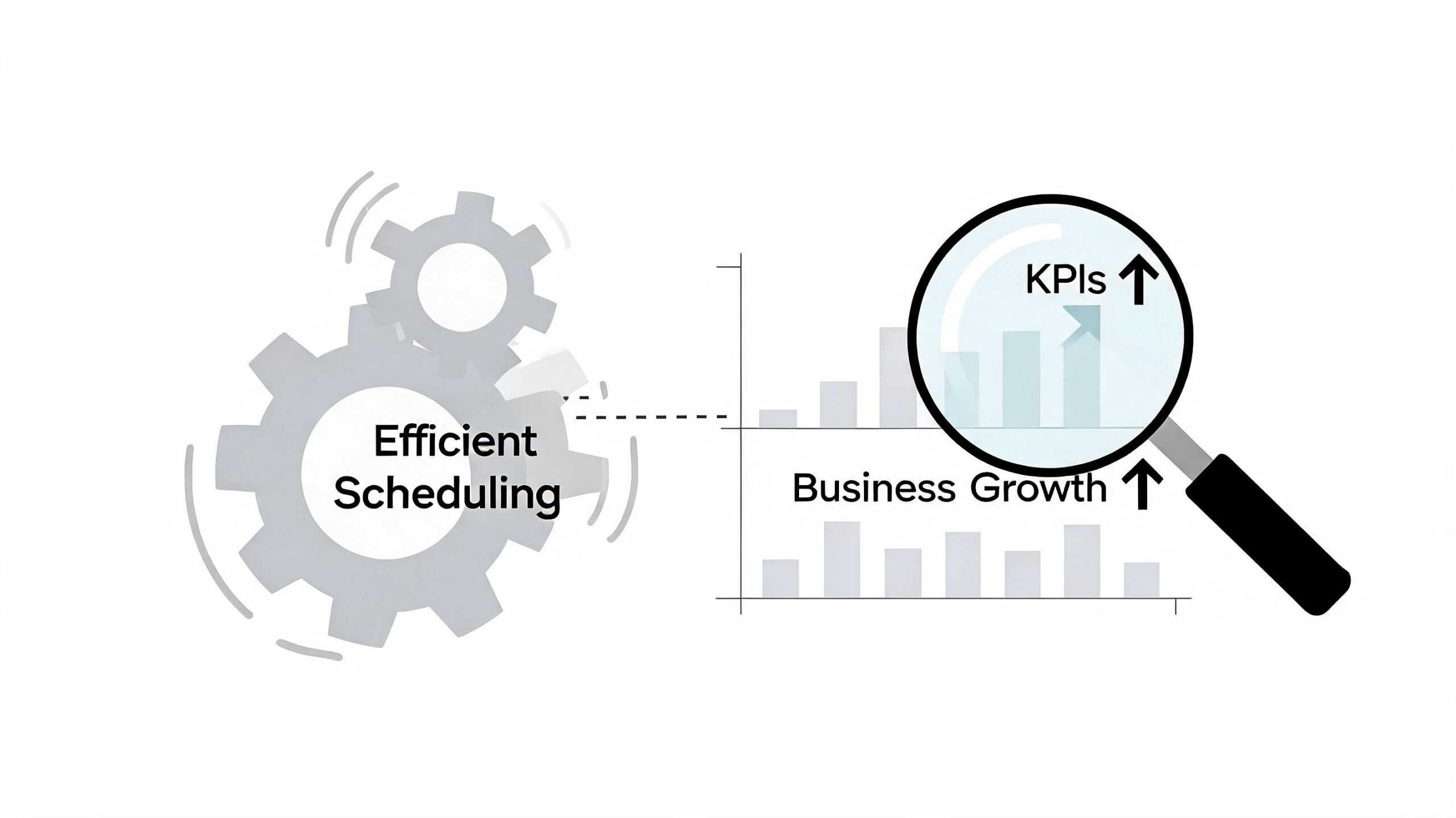 A graphic illustration showing gears labeled efficient scheduling connected to a magnifying glass analyzing business growth.