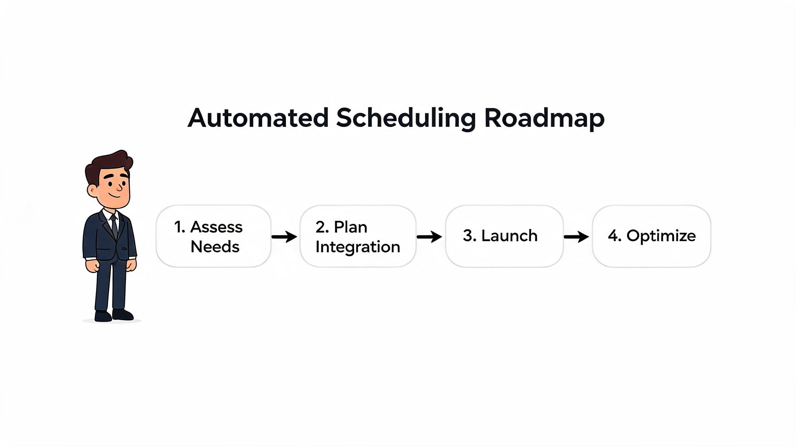 A four-step roadmap for automated scheduling including assessing needs, planning integration, launching, and optimizing the process.