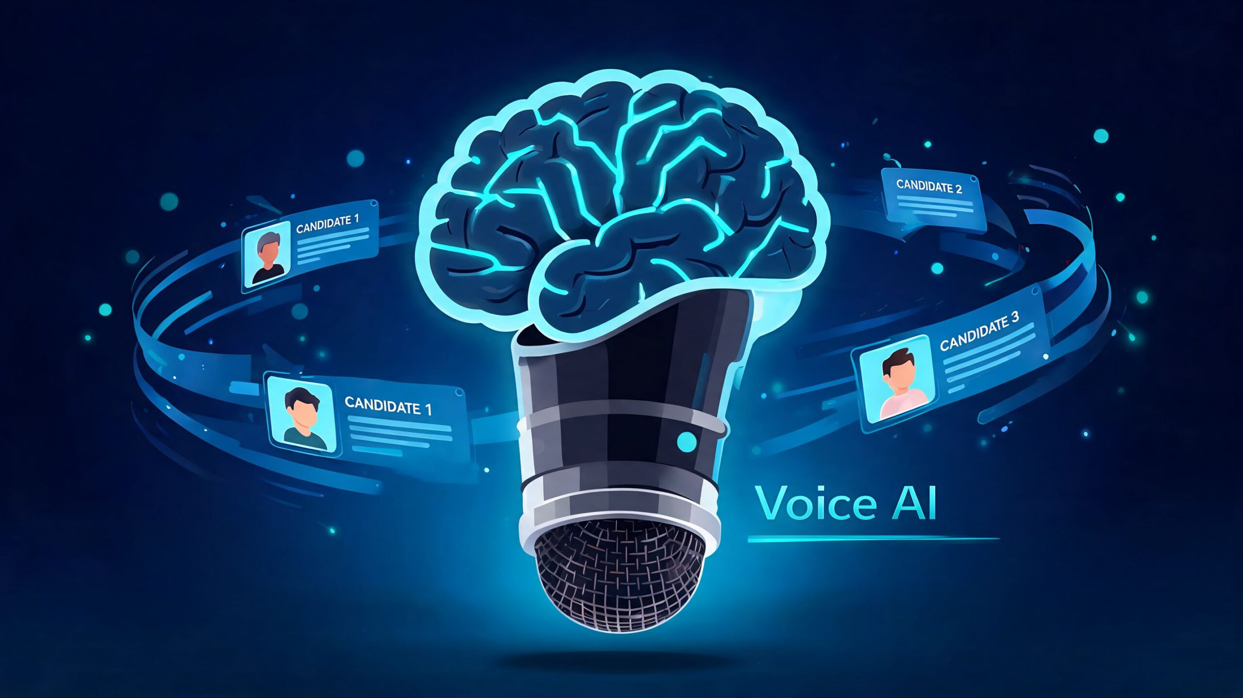 A digital illustration of a glowing blue brain sitting atop a microphone representing voice AI for candidate recruitment.