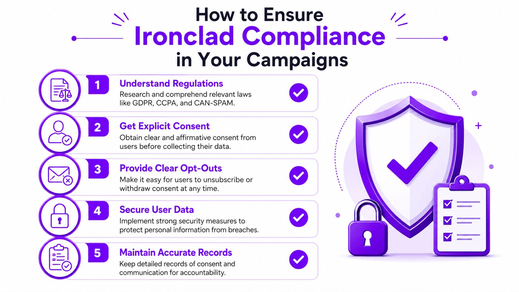 An infographic checklist for outbound call compliance, showing DND registry scrubbing, adhering to calling hours, and obtaining consent.