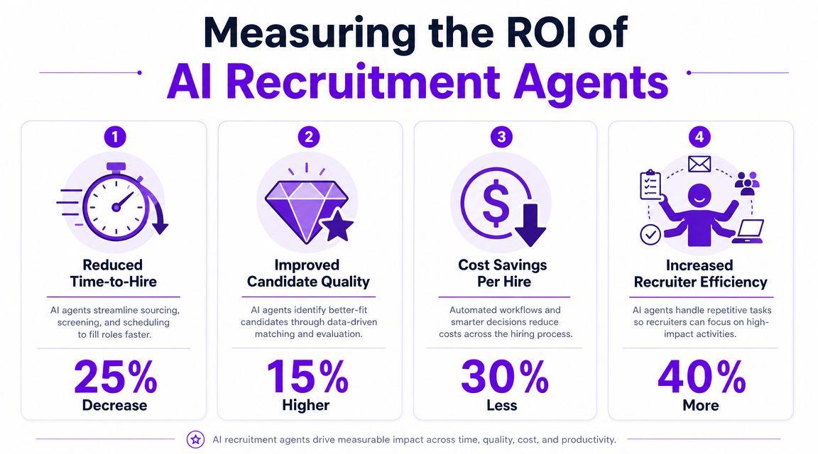 An infographic showing four key benefits of using AI recruitment agents to improve hiring metrics and efficiency.