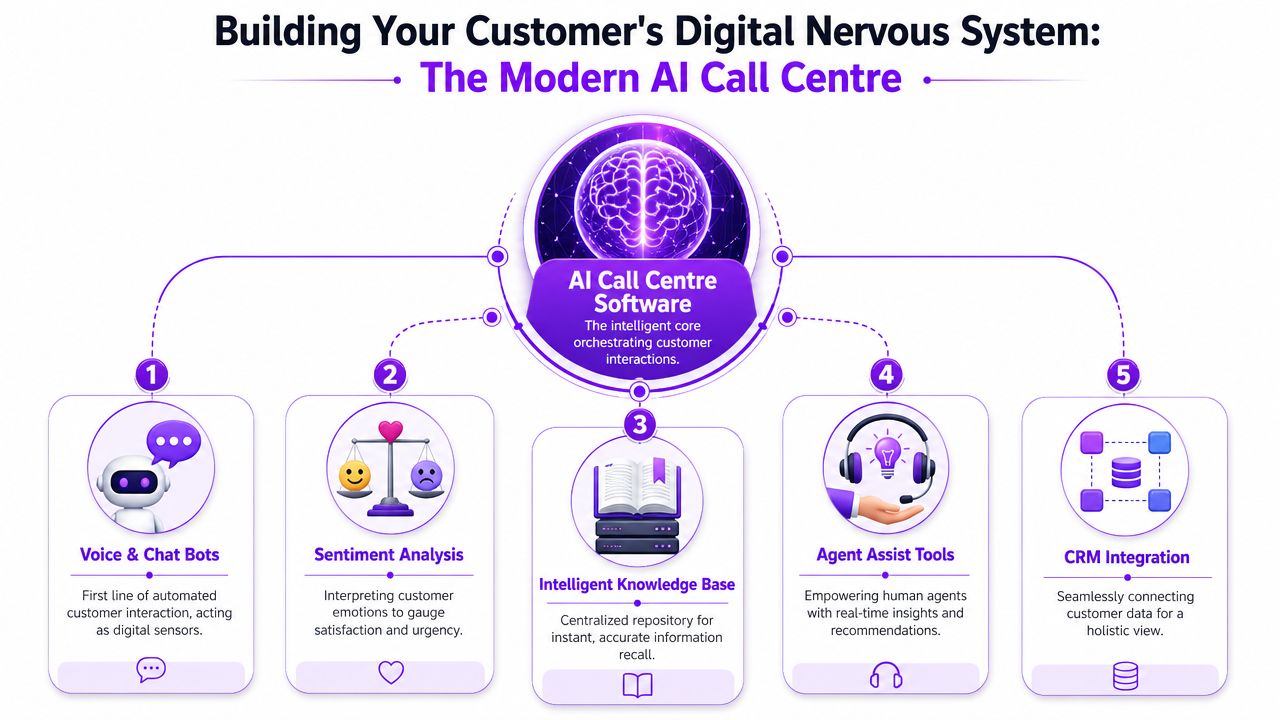 A diagram illustrating the five key components of modern AI call center software for customer interactions.