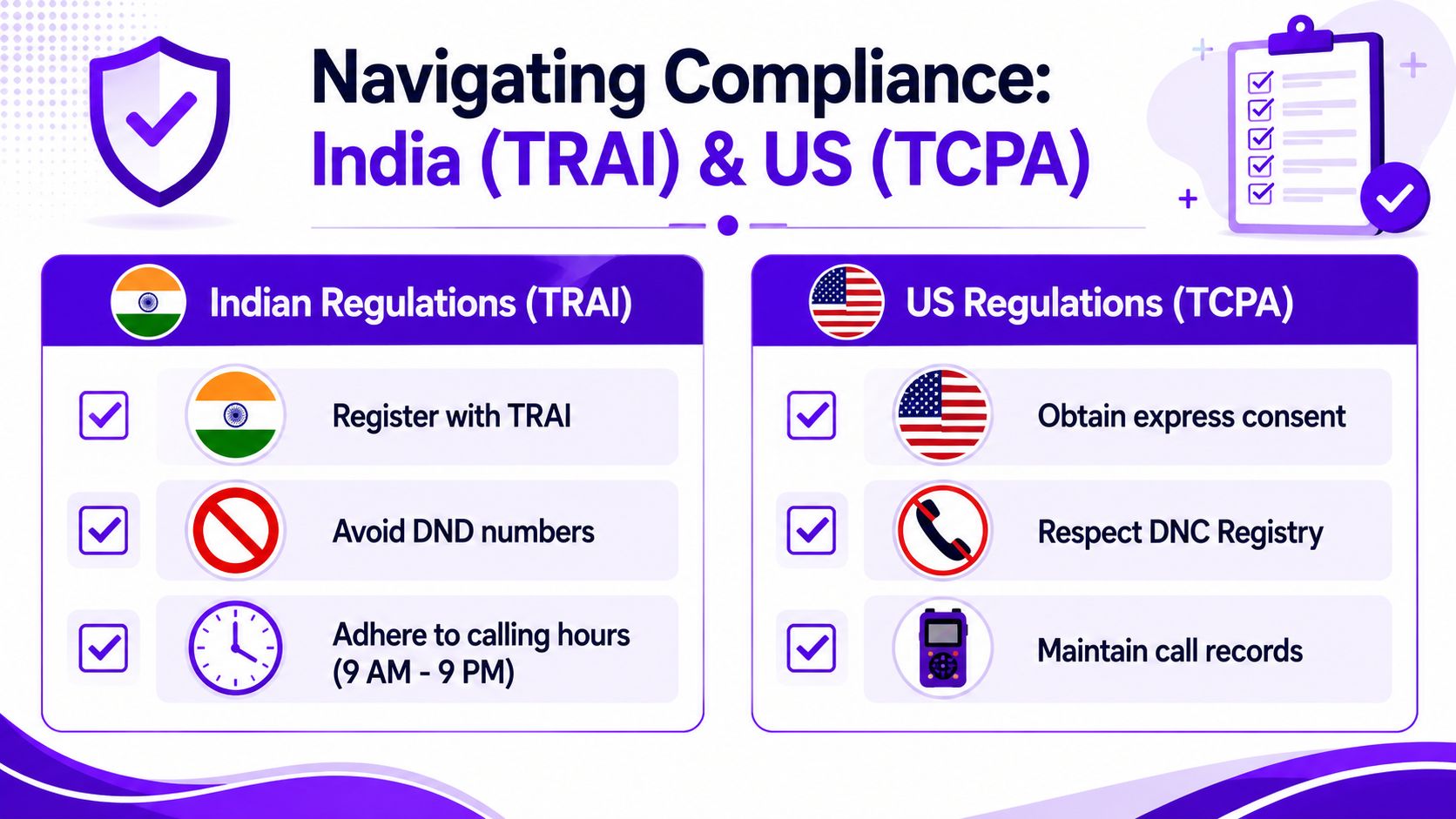 An infographic comparing regulatory compliance standards for calling in India under TRAI and the US under TCPA.