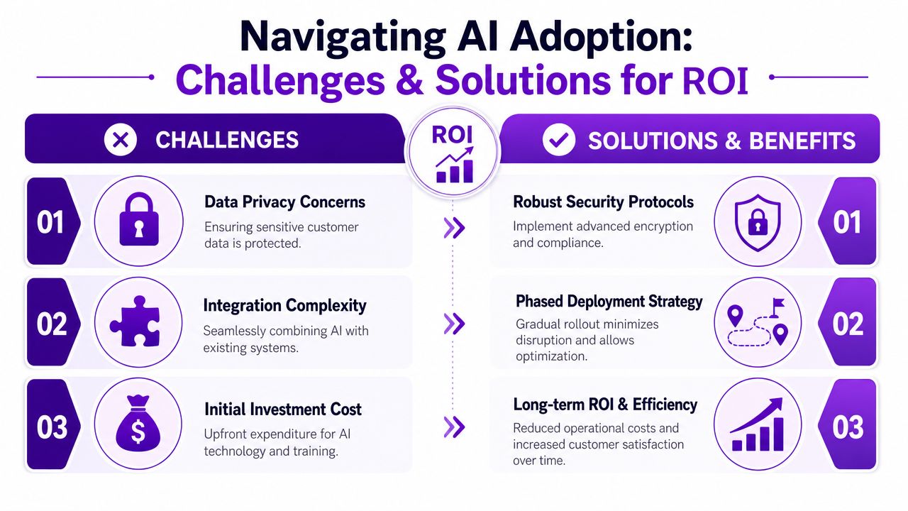 An infographic illustrating three key challenges of AI adoption and their corresponding solutions to improve ROI.